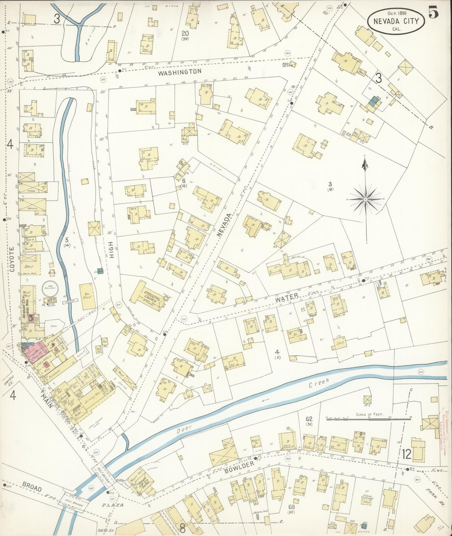 Sanborn Fire Insurance Map from Nevada City, Nevada County, California (1898), Sheet #0005 - Complete Map Set gallery image, historic Sanborn map, vintage wall art, California California