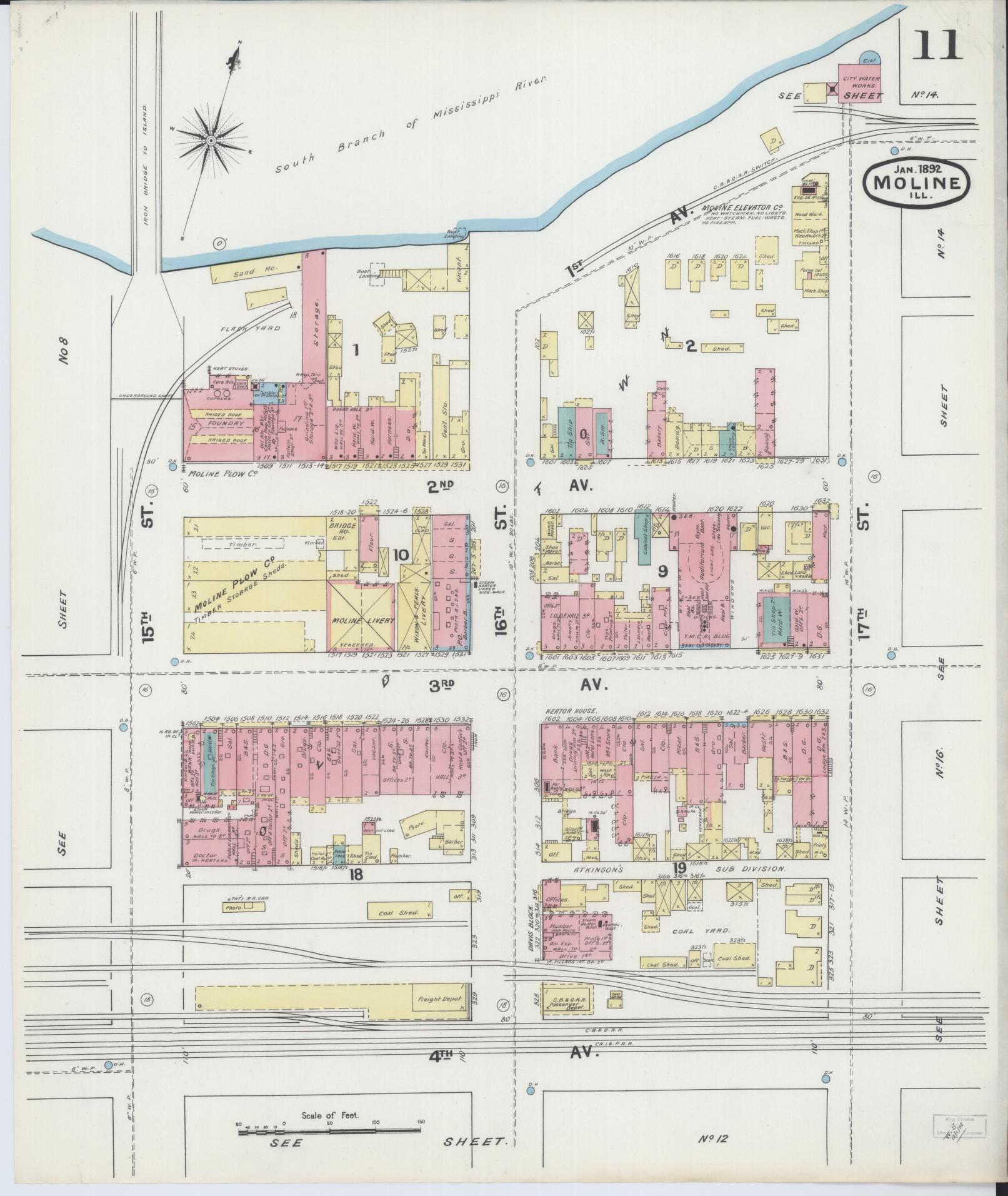 Sanborn Fire Insurance Map from Moline, Rock Island County, Illinois (1892), Sheet #0011 - Complete Map Set gallery image, historic Sanborn map, vintage wall art, Illinois Illinois