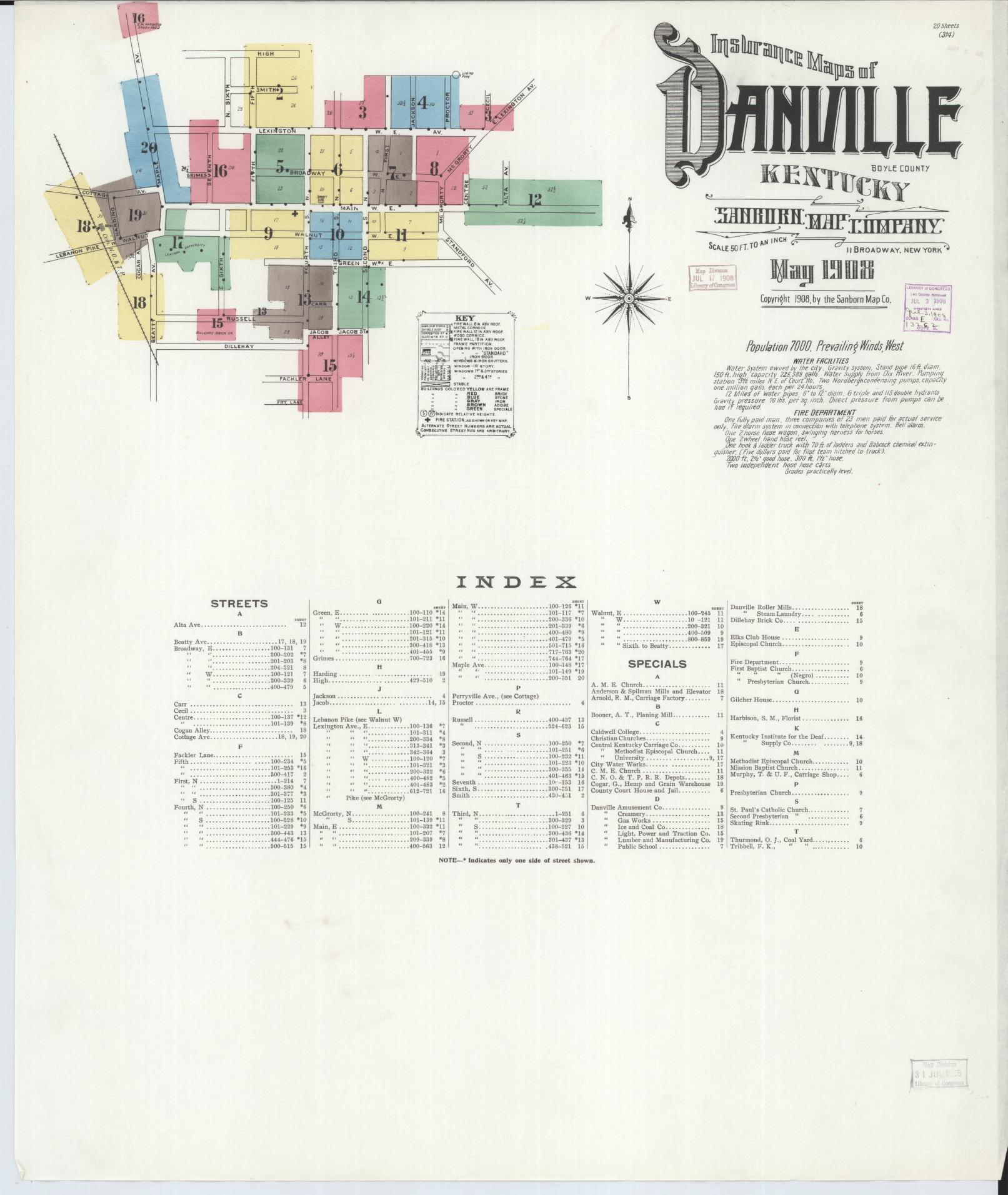 Sanborn Fire Insurance Map from Danville, Boyle County, Kentucky (1908), Sheet #0001 - Historic Sanborn Fire Insurance Map Print, vintage old map wall art, antique decor, genealogy gift, Kentucky Kentucky map