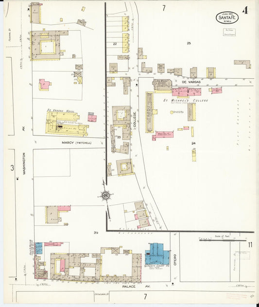 Sanborn Fire Insurance Map from Santa Fe, Santa Fe County, New Mexico (1913), Sheet #0004 - Historic Sanborn Fire Insurance Map Print, vintage old map wall art, antique decor, genealogy gift, New Mexico New Mexico map