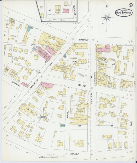 Sanborn Fire Insurance Map from Hot Springs, Garland County, Arkansas (1892), Sheet #0009 - Historic Sanborn Fire Insurance Map Print, vintage old map wall art, antique decor, genealogy gift, Arkansas Arkansas map