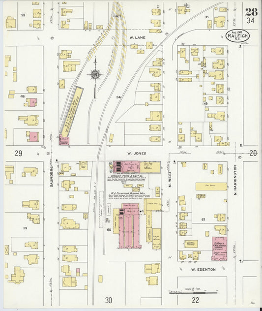 Sanborn Fire Insurance Map from Raleigh, Wake County, North Carolina (1909), Sheet #0028 - Historic Sanborn Fire Insurance Map Print, vintage old map wall art, antique decor, genealogy gift, North Carolina North Carolina map