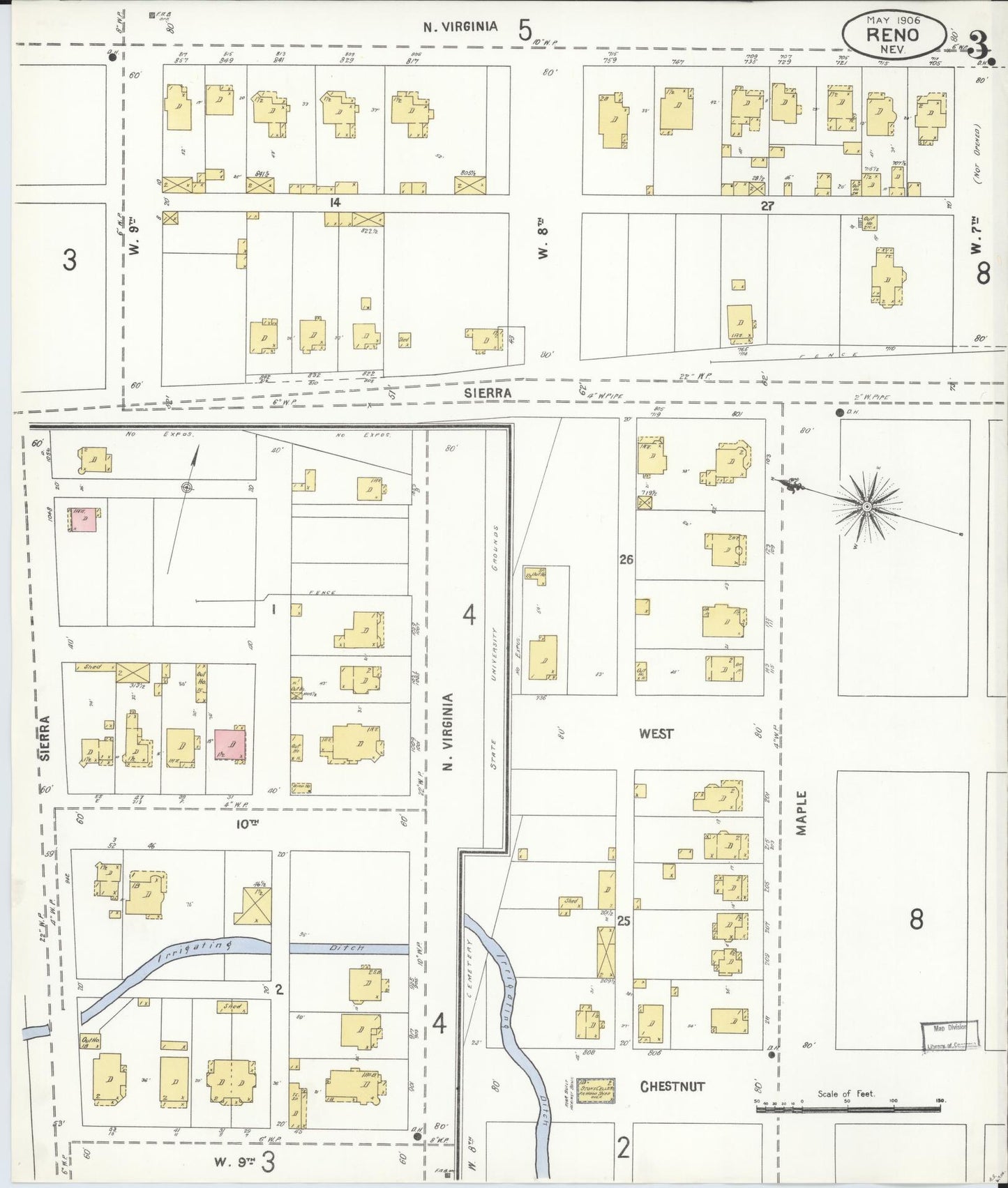 Sanborn Fire Insurance Map from Reno, Washoe County, Nevada (1906), Sheet #0003 - Complete Map Set gallery image, historic Sanborn map, vintage wall art, Nevada Nevada