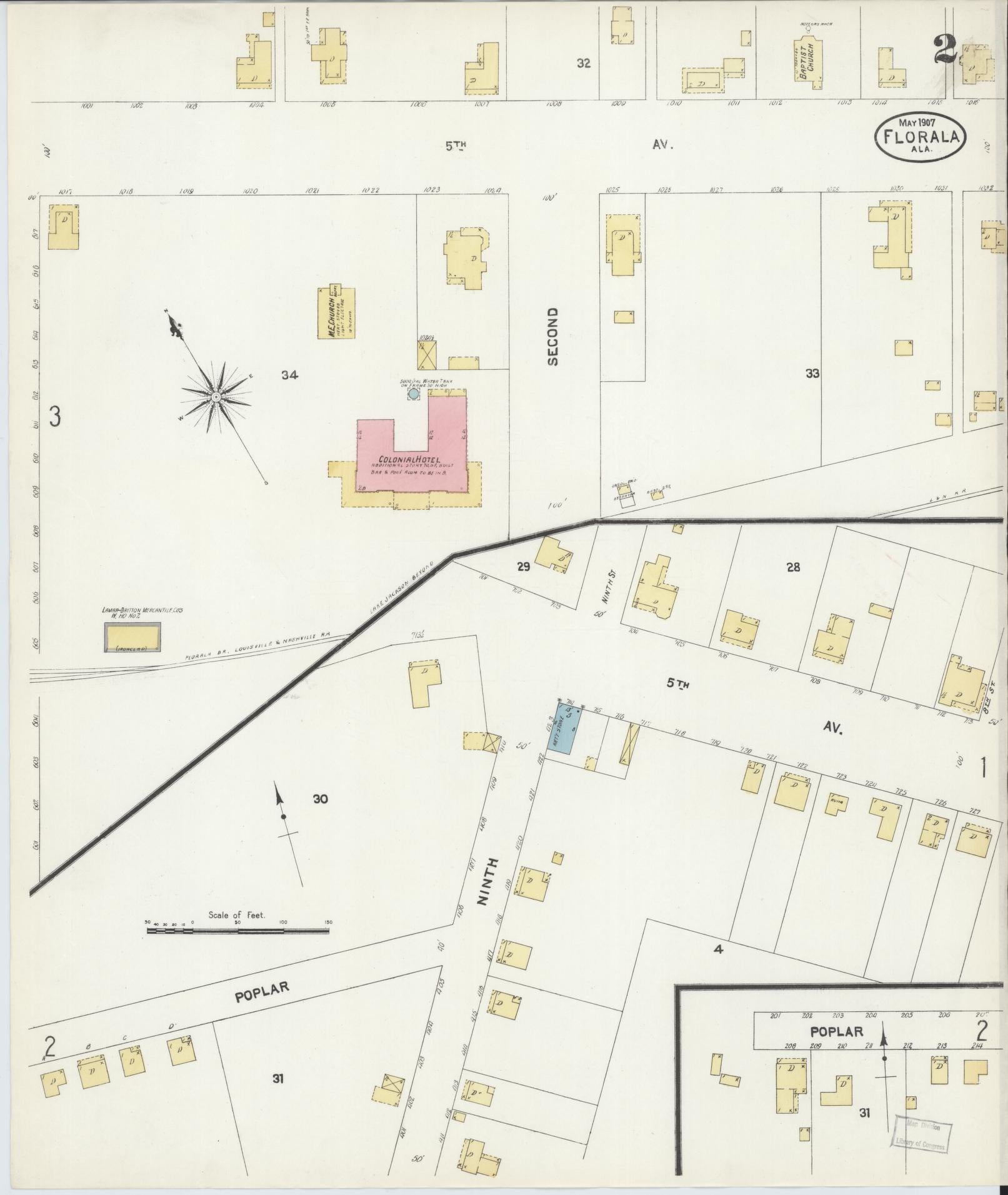 Sanborn Fire Insurance Map from Florala, Covington County, Alabama (1907), Sheet #0002 - Complete Map Set gallery image, historic Sanborn map, vintage wall art, Alabama Alabama