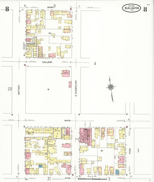 Sanborn Fire Insurance Map from Burlington, Chittenden County, Vermont (1926), Sheet #0008 - Historic Sanborn Fire Insurance Map Print, vintage old map wall art, antique decor, genealogy gift, Vermont Vermont map