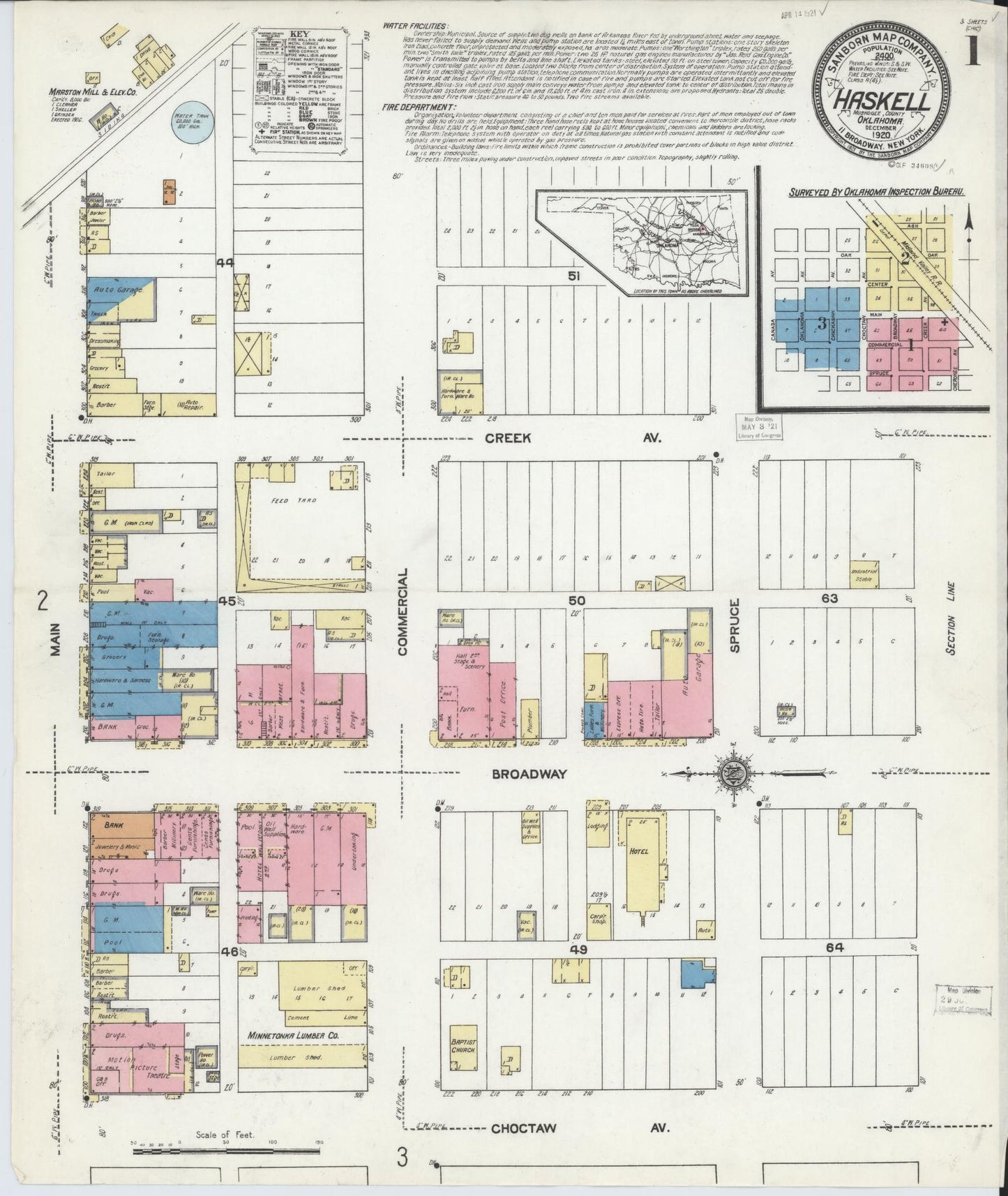 Sanborn Fire Insurance Map from Haskell, Muskogee County, Oklahoma (1920), Sheet #0001 - Historic Sanborn Fire Insurance Map Print, vintage old map wall art, antique decor, genealogy gift, Oklahoma Oklahoma map