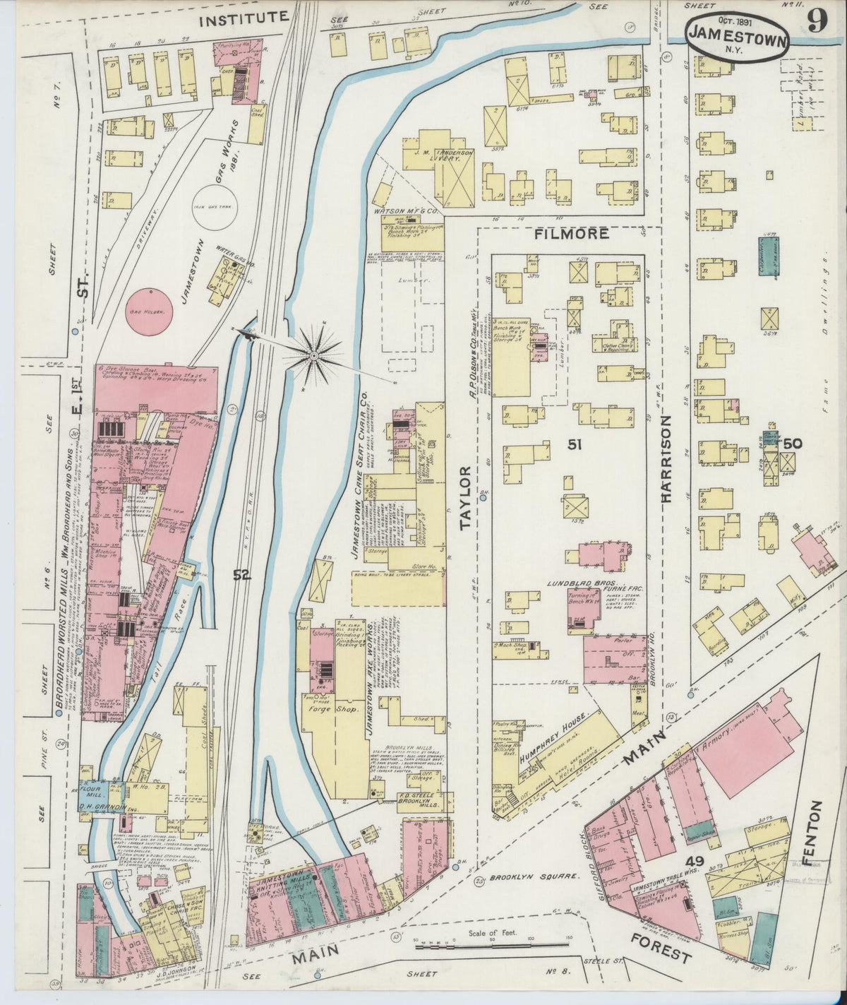 Sanborn Fire Insurance Map from Jamestown, Chautauqua County, New York (1891), Sheet #0009 - Historic Sanborn Fire Insurance Map Print, vintage old map wall art, antique decor, genealogy gift, New York New York map