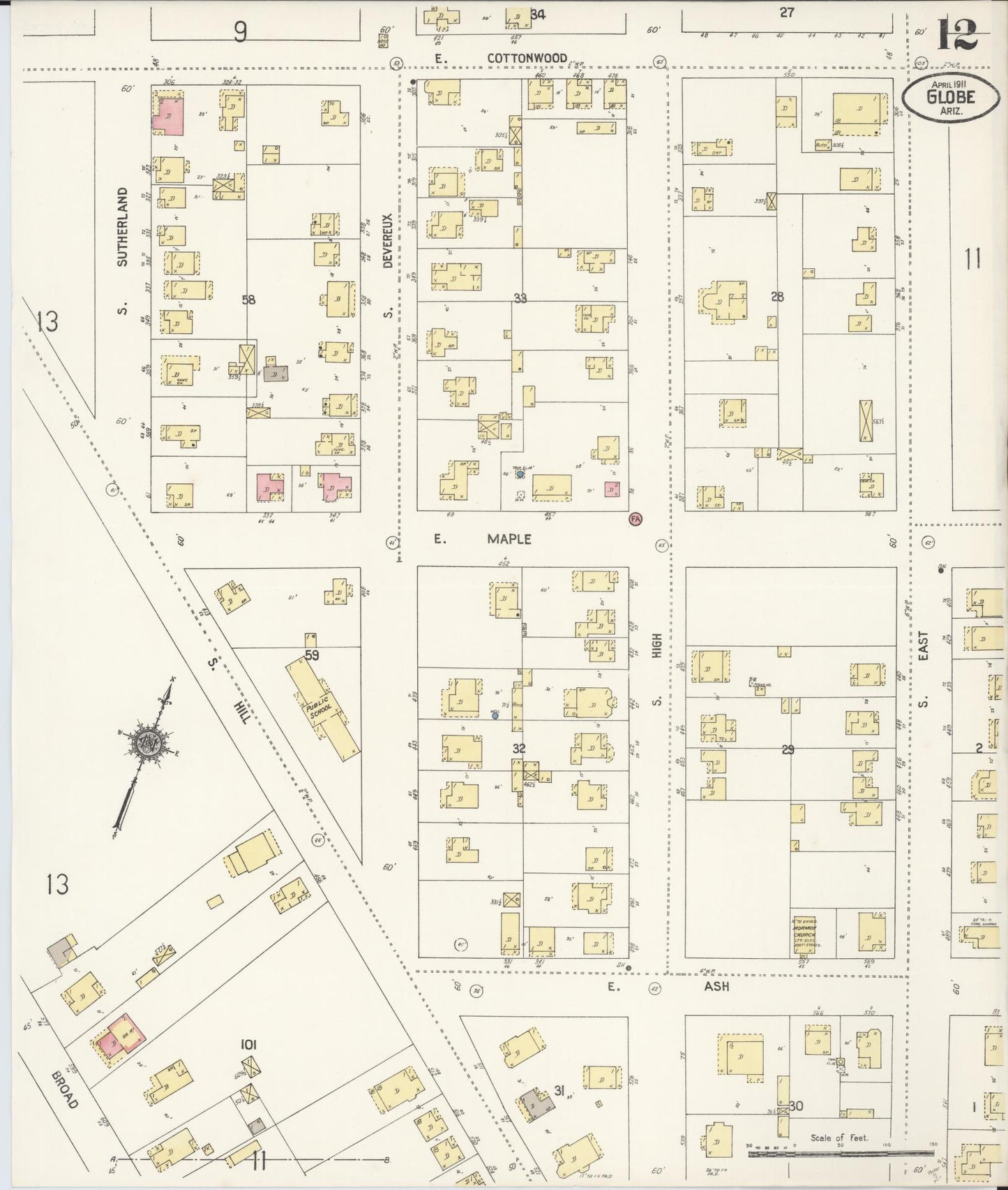 Sanborn Fire Insurance Map from Globe, Gila County, Arizona (1911), Sheet #0012 - Complete Map Set gallery image, historic Sanborn map, vintage wall art, Arizona Arizona