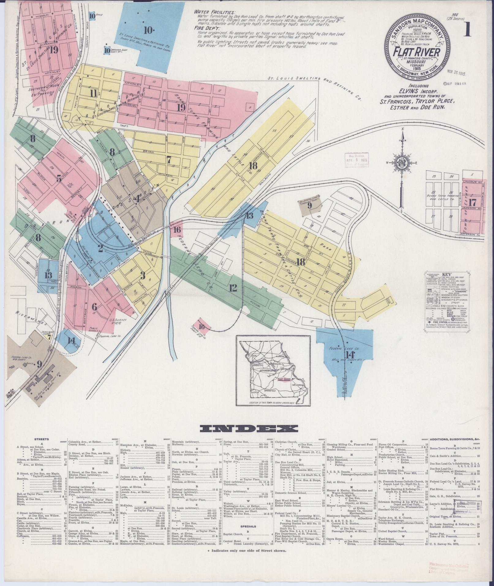 Sanborn Fire Insurance Map from Flat River, Saint Francois County, Missouri (1915), Sheet #0001 - Historic Sanborn Fire Insurance Map Print, vintage old map wall art, antique decor, genealogy gift, Missouri Missouri map
