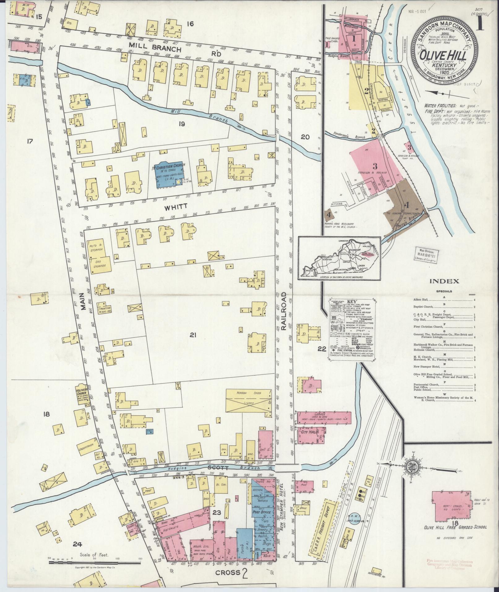 Sanborn Fire Insurance Map from Olive Hill, Carter County, Kentucky (1920), Sheet #0001 - Complete Map Set gallery image, historic Sanborn map, vintage wall art, Kentucky Kentucky