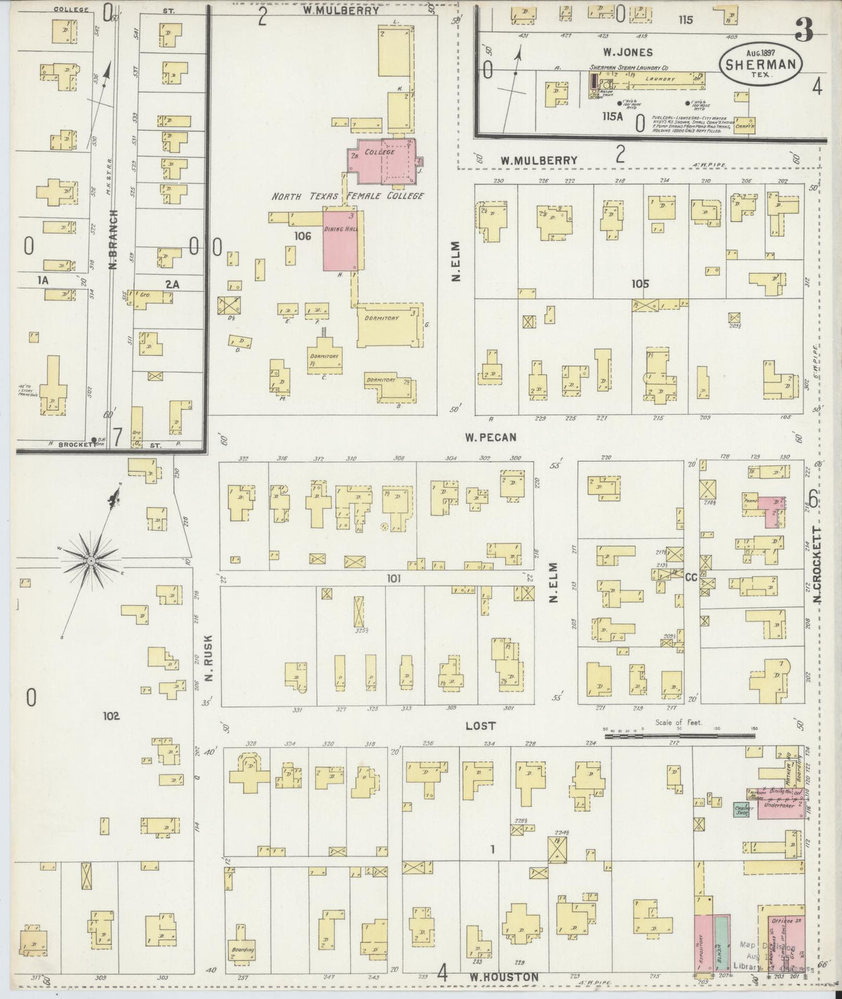 Sanborn Fire Insurance Map from Sherman, Grayson County, Texas (1897), Sheet #0003 - Historic Sanborn Fire Insurance Map Print, vintage old map wall art, antique decor, genealogy gift, Texas Texas map
