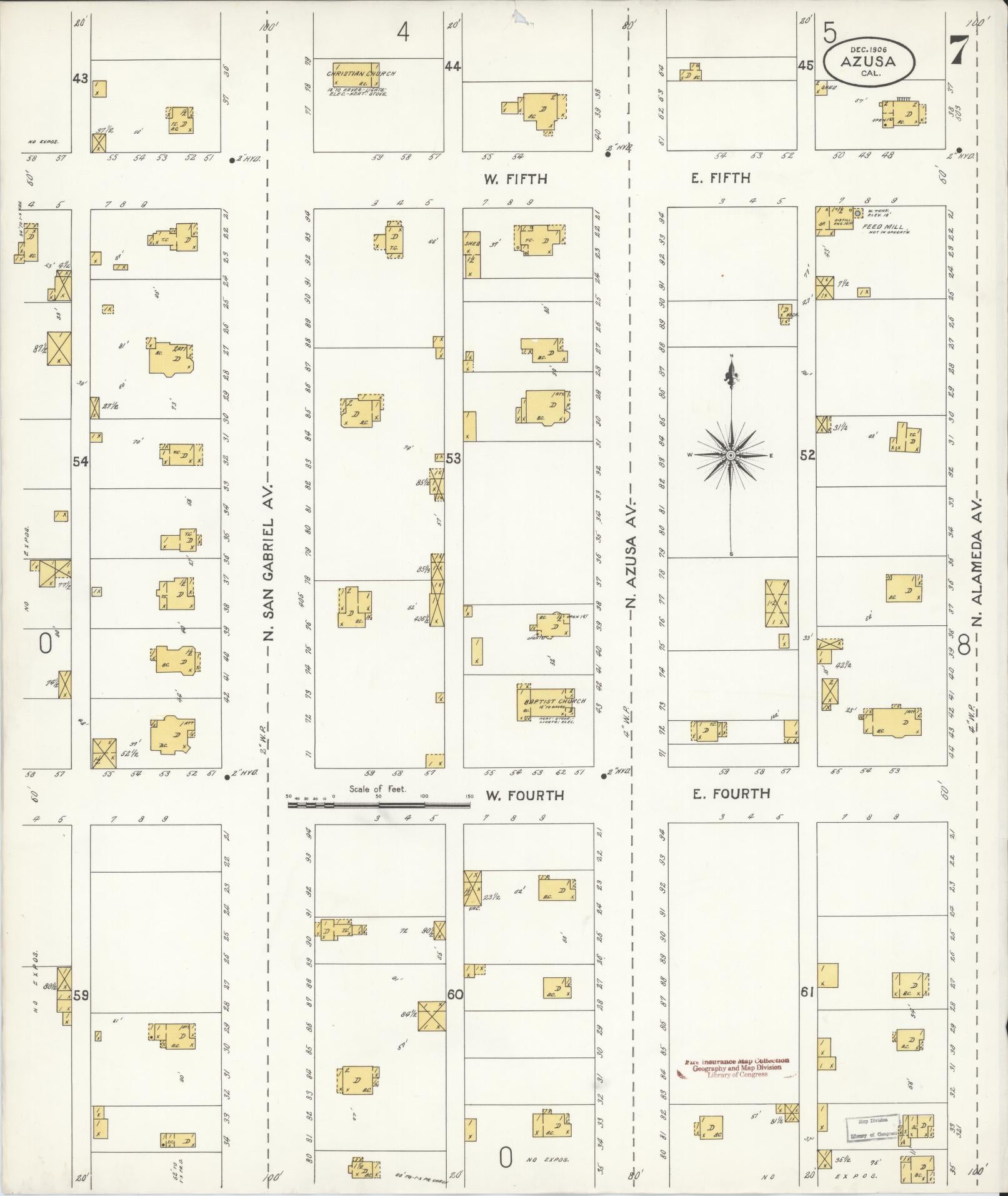 Sanborn Fire Insurance Map from Azusa, Los Angeles County, California (1906), Sheet #0007 - Historic Sanborn Fire Insurance Map Print, vintage old map wall art, antique decor, genealogy gift, California California map
