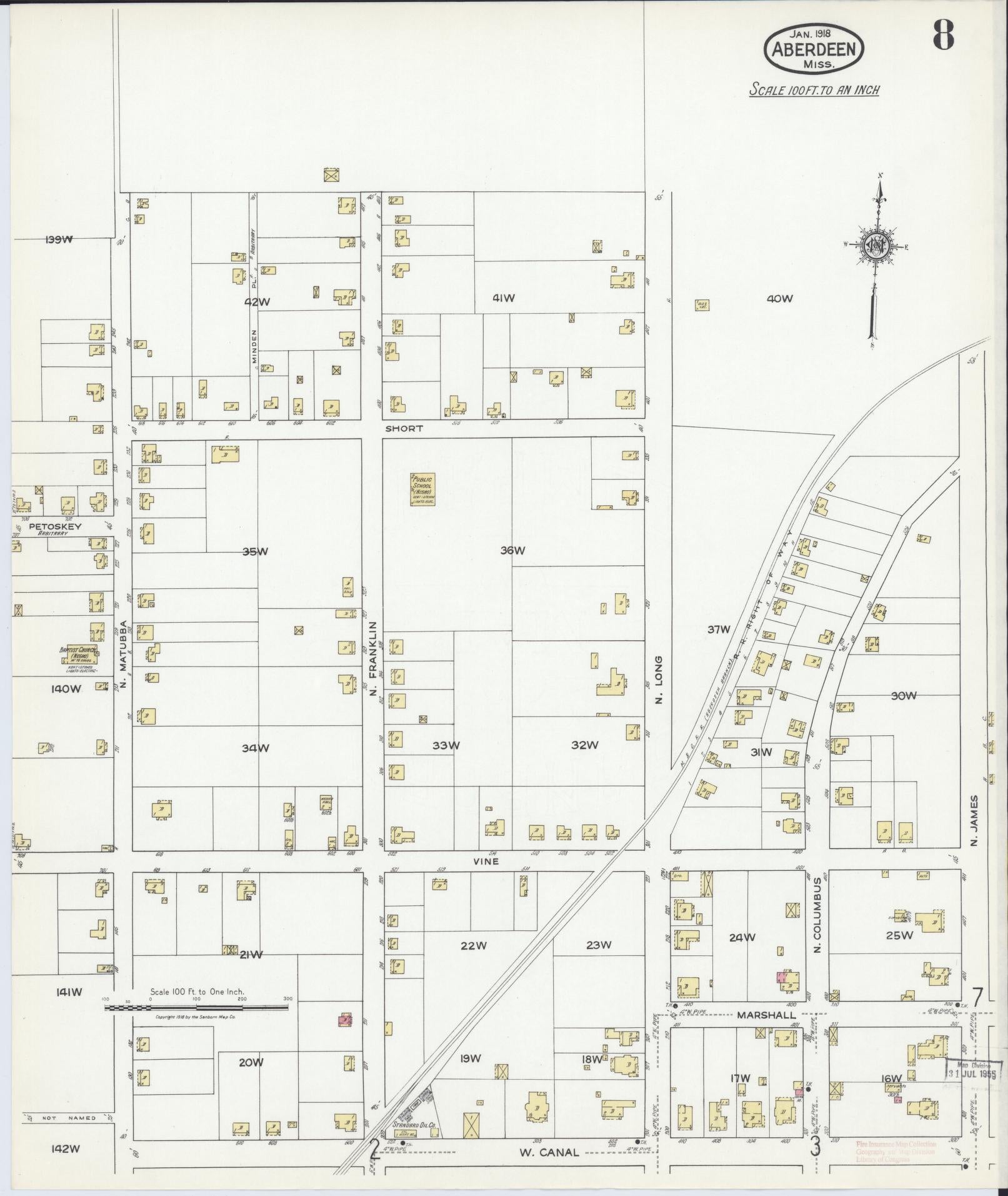 Sanborn Fire Insurance Map from Aberdeen, Monroe County, Mississippi (1918), Sheet #0008 - Historic Sanborn Fire Insurance Map Print, vintage old map wall art, antique decor, genealogy gift, Mississippi Mississippi map