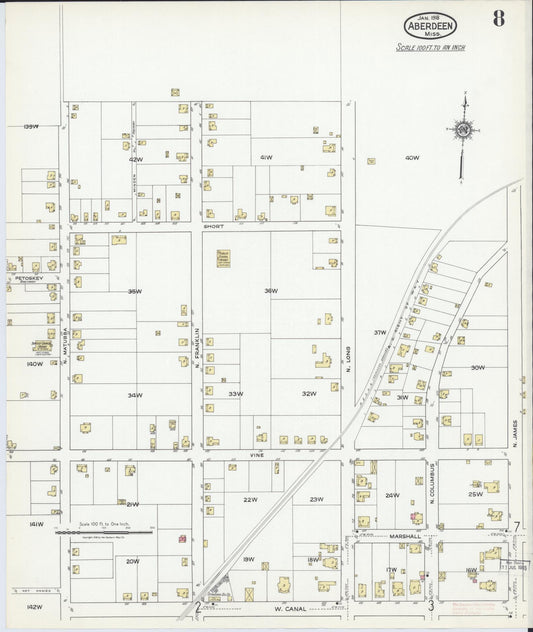 Sanborn Fire Insurance Map from Aberdeen, Monroe County, Mississippi (1918), Sheet #0008 - Historic Sanborn Fire Insurance Map Print, vintage old map wall art, antique decor, genealogy gift, Mississippi Mississippi map