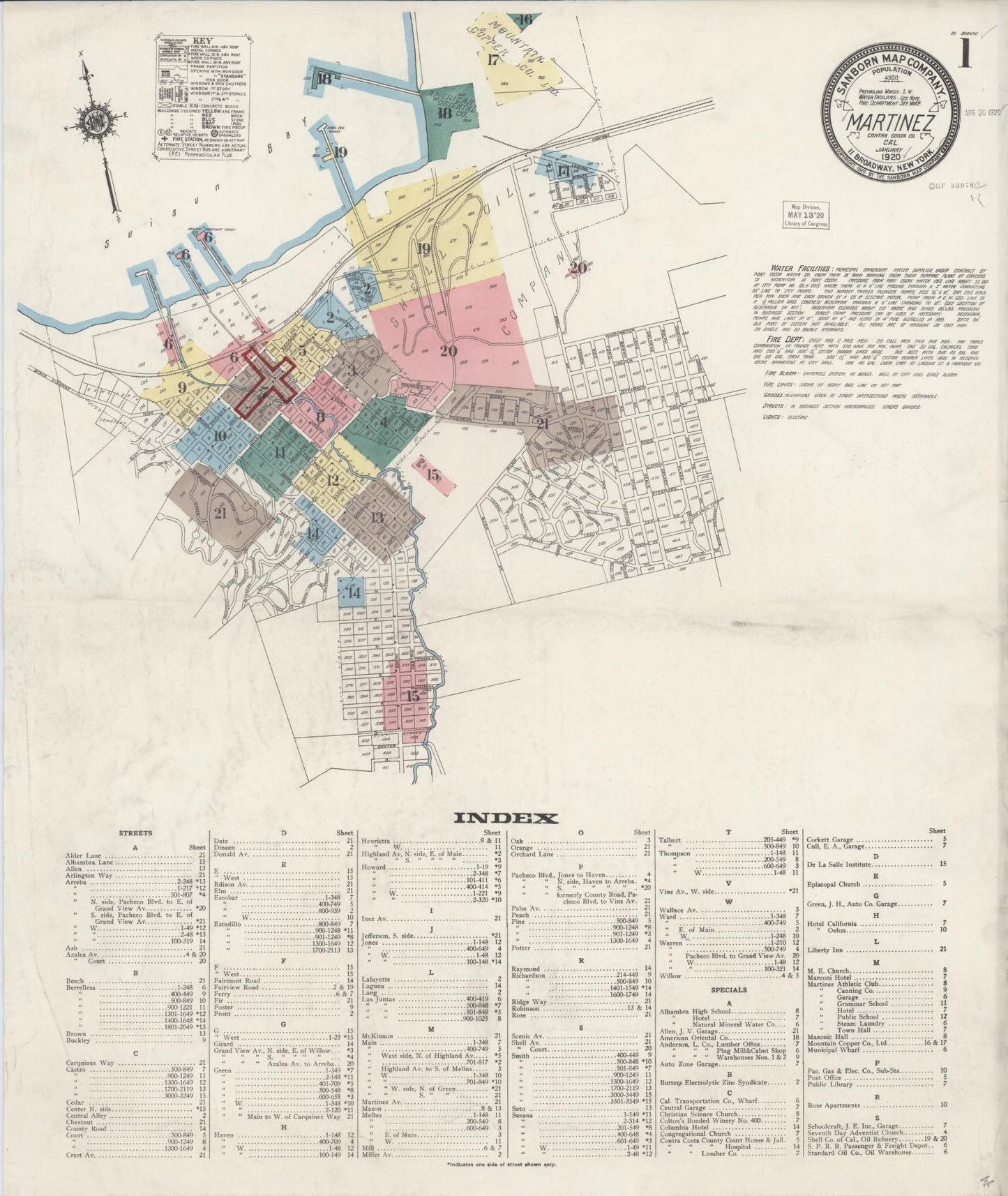 Sanborn Fire Insurance Map from Martinez, Contra Costa County, California (1920), Sheet #0001 - Historic Sanborn Fire Insurance Map Print, vintage old map wall art, antique decor, genealogy gift, California California map