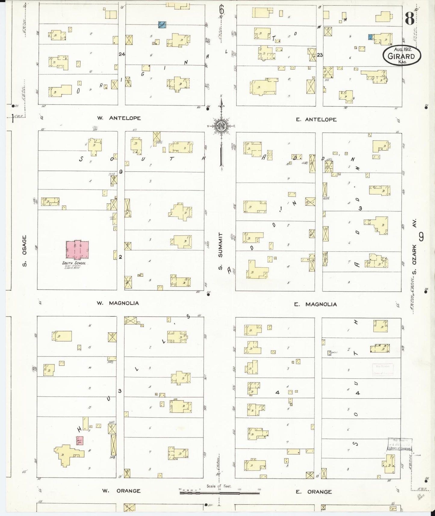 Sanborn Fire Insurance Map from Girard, Crawford County, Kansas (1912), Sheet #0008 - Historic Sanborn Fire Insurance Map Print, vintage old map wall art, antique decor, genealogy gift, Kansas Kansas map