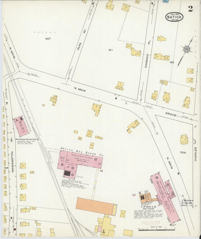 Sanborn Fire Insurance Map from Natick, Middlesex County, Massachusetts (1915), Sheet #0002 - Historic Sanborn Fire Insurance Map Print, vintage old map wall art, antique decor, genealogy gift, Massachusetts Massachusetts map