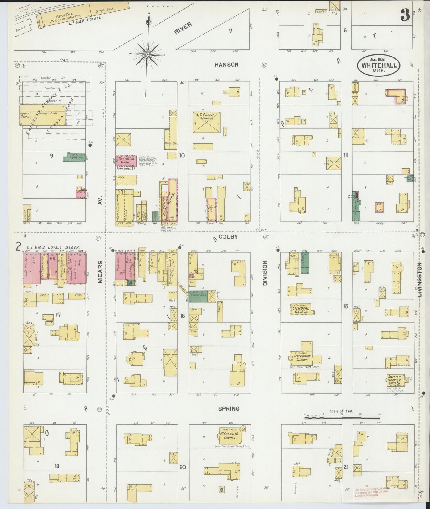Sanborn Fire Insurance Map from Whitehall, Muskegon County, Michigan (1902), Sheet #0003 - Complete Map Set gallery image, historic Sanborn map, vintage wall art, Michigan Michigan