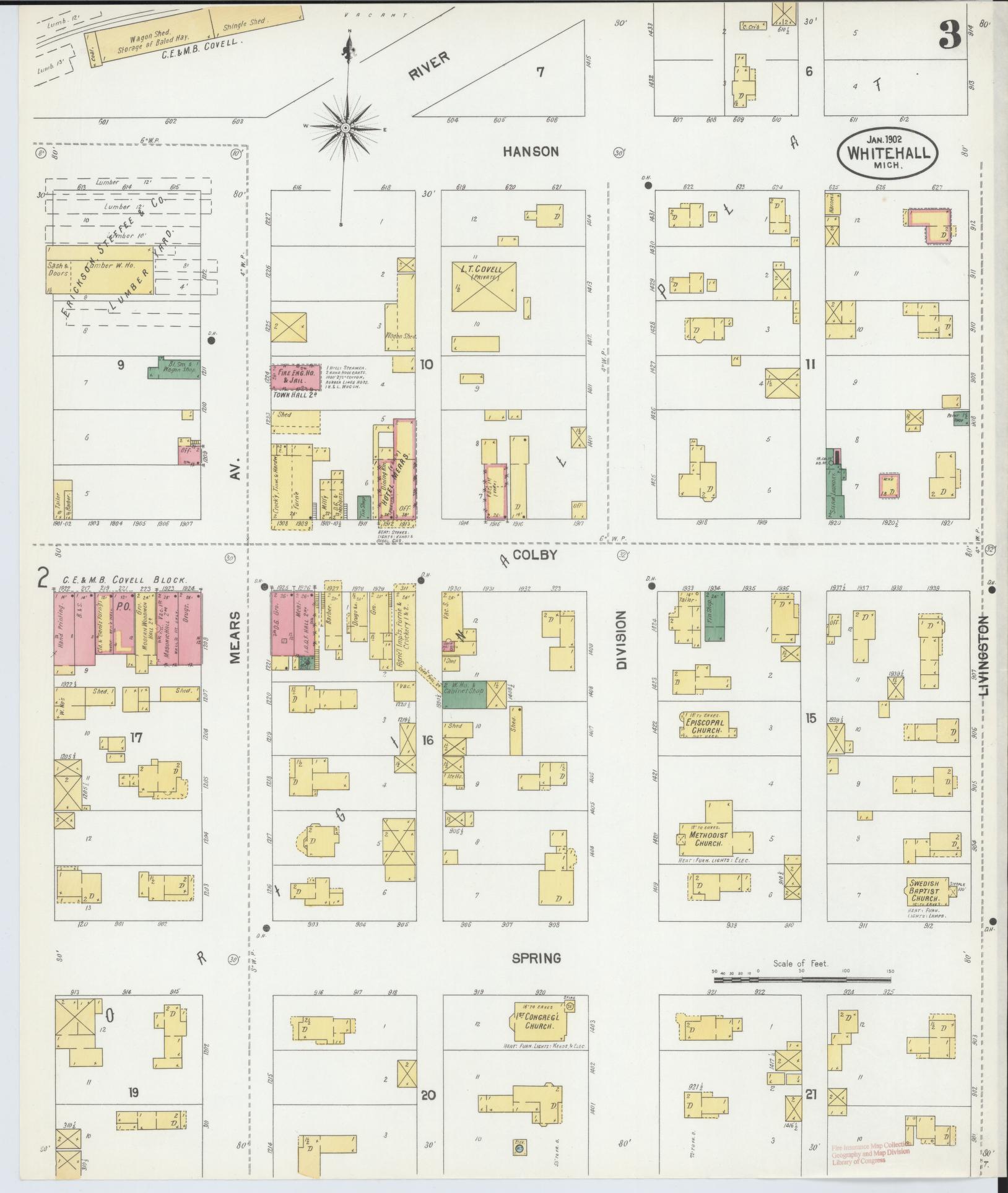 Sanborn Fire Insurance Map from Whitehall, Muskegon County, Michigan (1902), Sheet #0003 - Complete Map Set gallery image, historic Sanborn map, vintage wall art, Michigan Michigan
