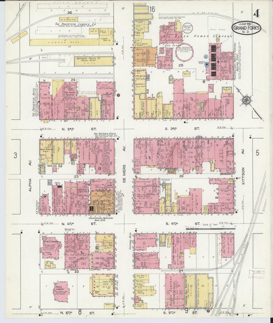 Sanborn Fire Insurance Map from Grand Forks, Grand Forks County, North Dakota (1916), Sheet #0004 - Historic Sanborn Fire Insurance Map Print, vintage old map wall art, antique decor, genealogy gift, North Dakota North Dakota map