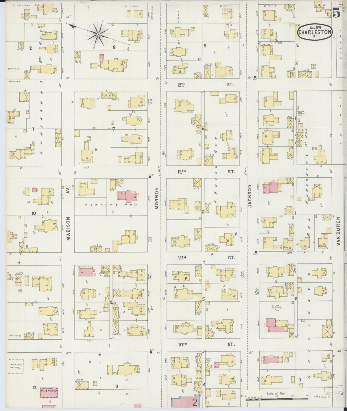 Sanborn Fire Insurance Map from Charleston, Coles County, Illinois (1896), Sheet #0005 - Complete Map Set gallery image, historic Sanborn map, vintage wall art, Illinois Illinois