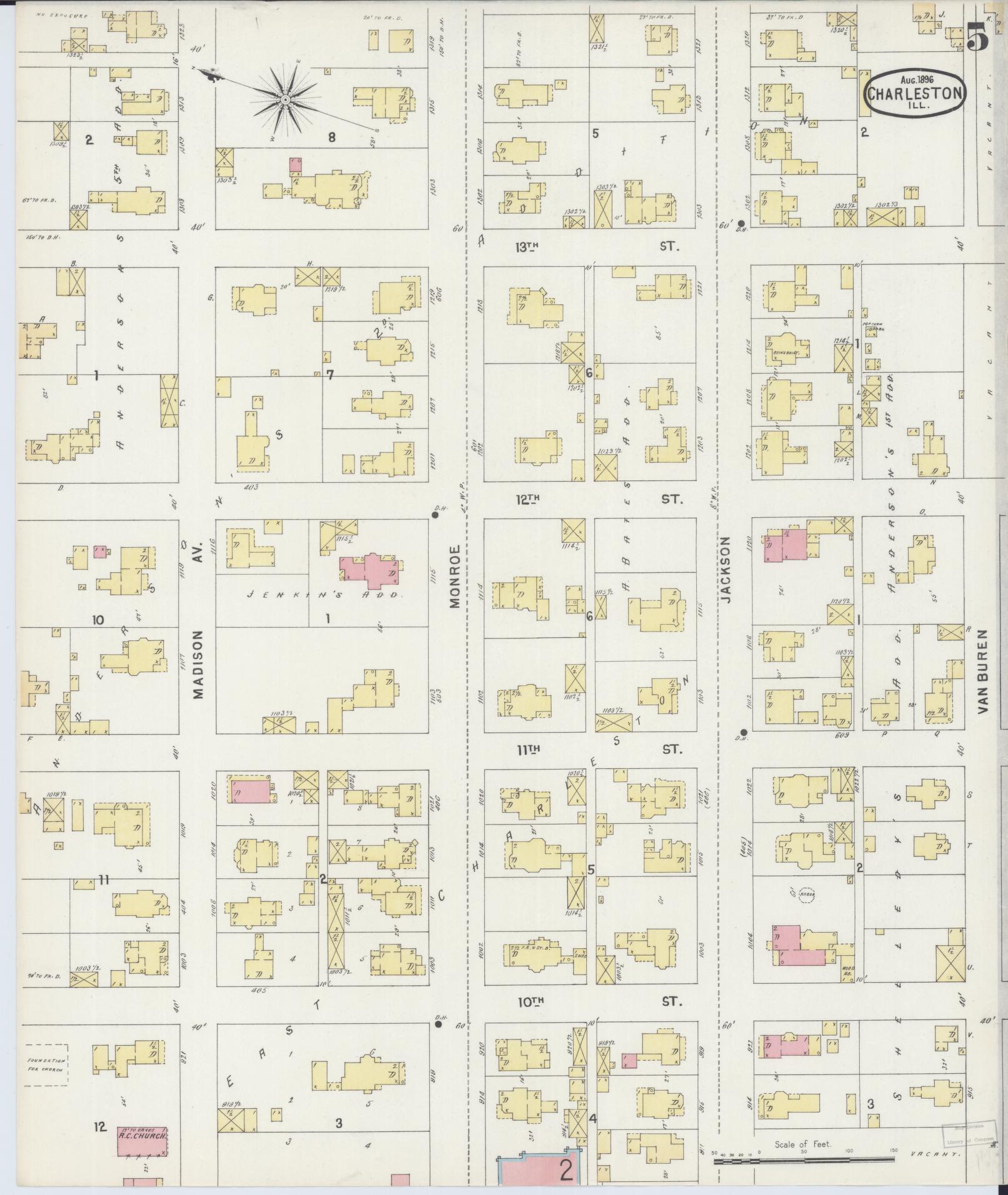 Sanborn Fire Insurance Map from Charleston, Coles County, Illinois (1896), Sheet #0005 - Complete Map Set gallery image, historic Sanborn map, vintage wall art, Illinois Illinois