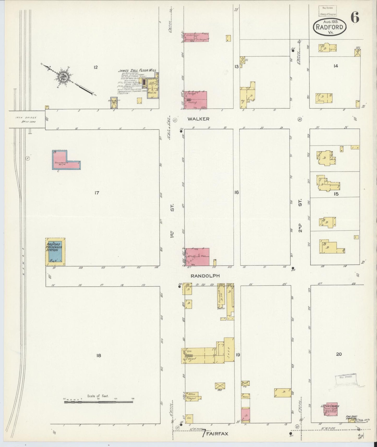 Sanborn Fire Insurance Map from Radford, Independent Cities, Virginia (1913), Sheet #0006 - Complete Map Set gallery image, historic Sanborn map, vintage wall art, Virginia Virginia