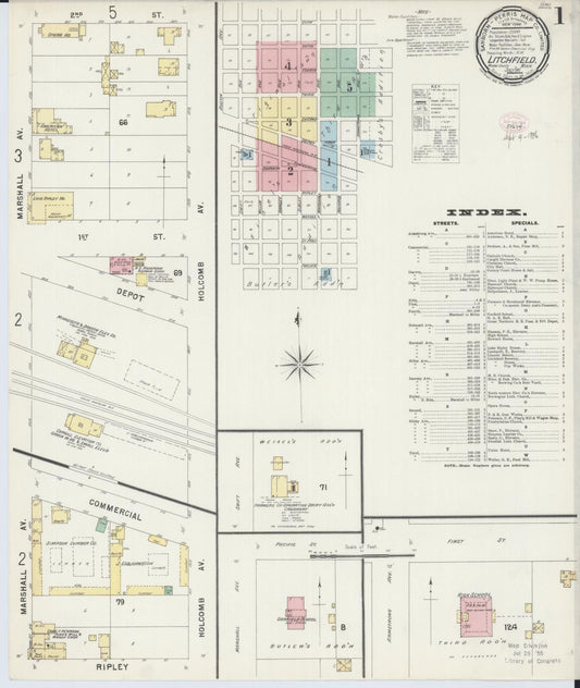Sanborn Fire Insurance Map from Litchfield, Meeker County, Minnesota (1896), Sheet #0001 - Complete Map Set gallery image, historic Sanborn map, vintage wall art, Minnesota Minnesota