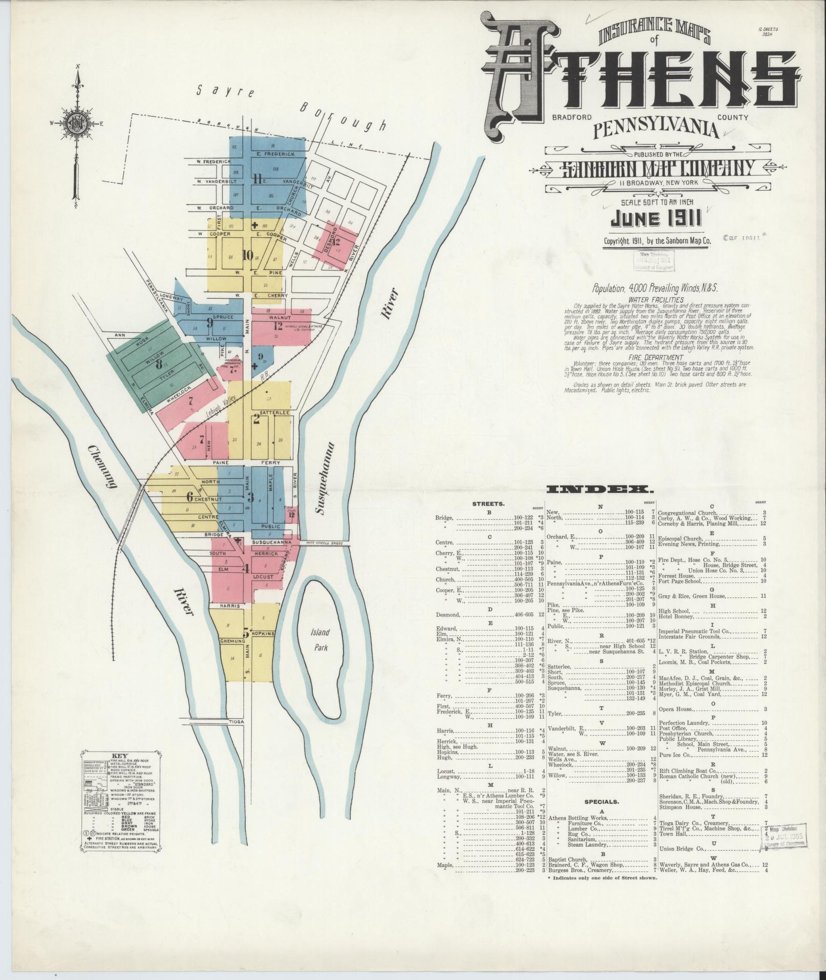 Sanborn Fire Insurance Map from Athens, Bradford County, Pennsylvania (1911), Sheet #0001 - Historic Sanborn Fire Insurance Map Print, vintage old map wall art, antique decor, genealogy gift, Pennsylvania Pennsylvania map