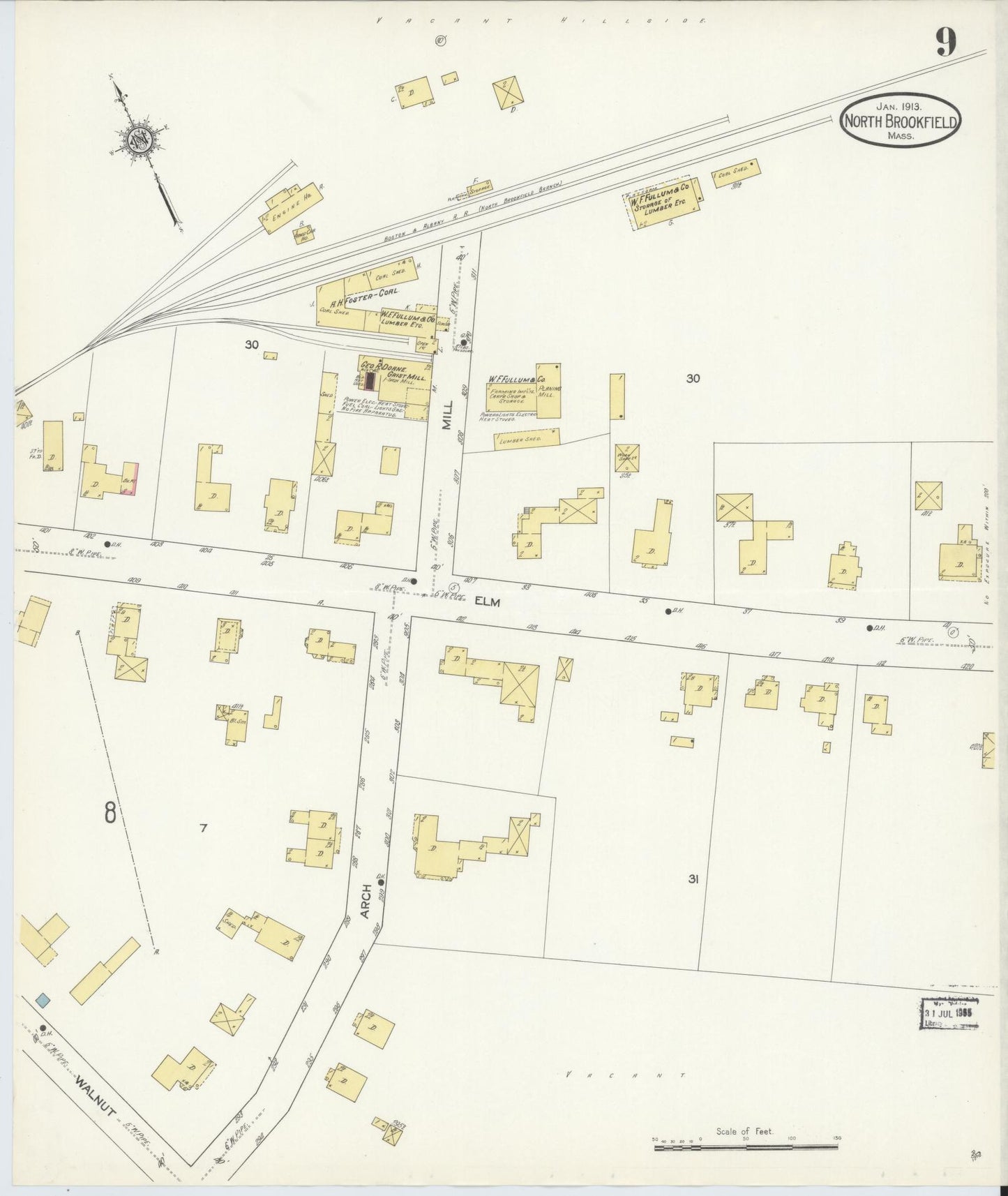 Sanborn Fire Insurance Map from North Brookfield, Worcester County, Massachusetts (1913), Sheet #0009 - Historic Sanborn Fire Insurance Map Print, vintage old map wall art, antique decor, genealogy gift, Massachusetts Massachusetts map