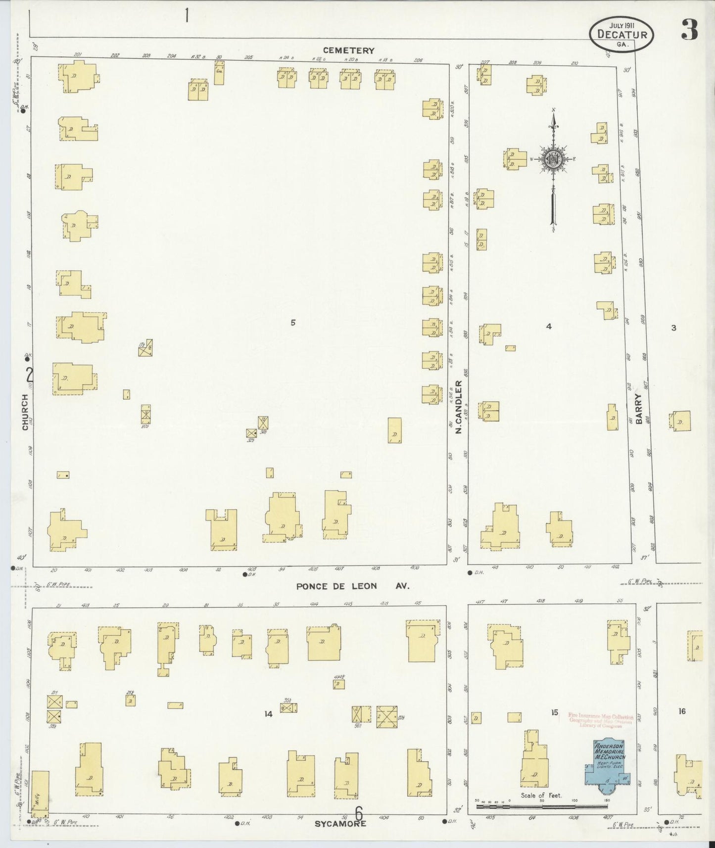 Sanborn Fire Insurance Map from Decatur, De Kalb County, Georgia (1911), Sheet #0003 - Complete Map Set gallery image, historic Sanborn map, vintage wall art, Georgia Georgia