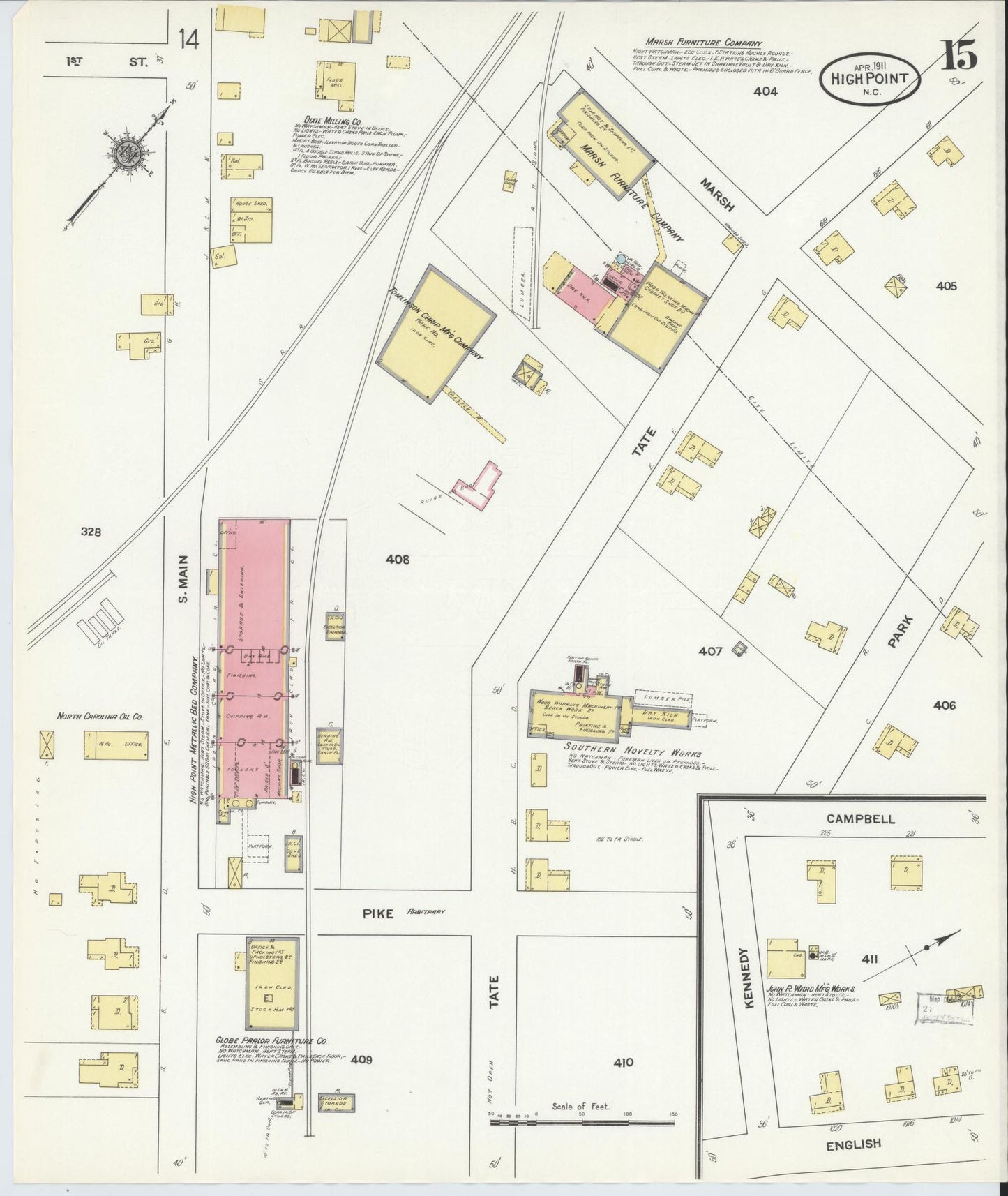 Sanborn Fire Insurance Map from High Point, Guilford County, North Carolina (1911), Sheet #0015 - Historic Sanborn Fire Insurance Map Print, vintage old map wall art, antique decor, genealogy gift, North Carolina North Carolina map