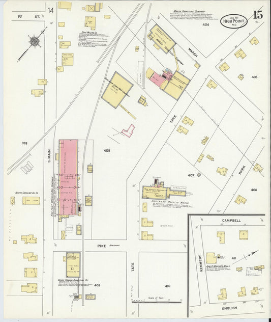 Sanborn Fire Insurance Map from High Point, Guilford County, North Carolina (1911), Sheet #0015 - Historic Sanborn Fire Insurance Map Print, vintage old map wall art, antique decor, genealogy gift, North Carolina North Carolina map