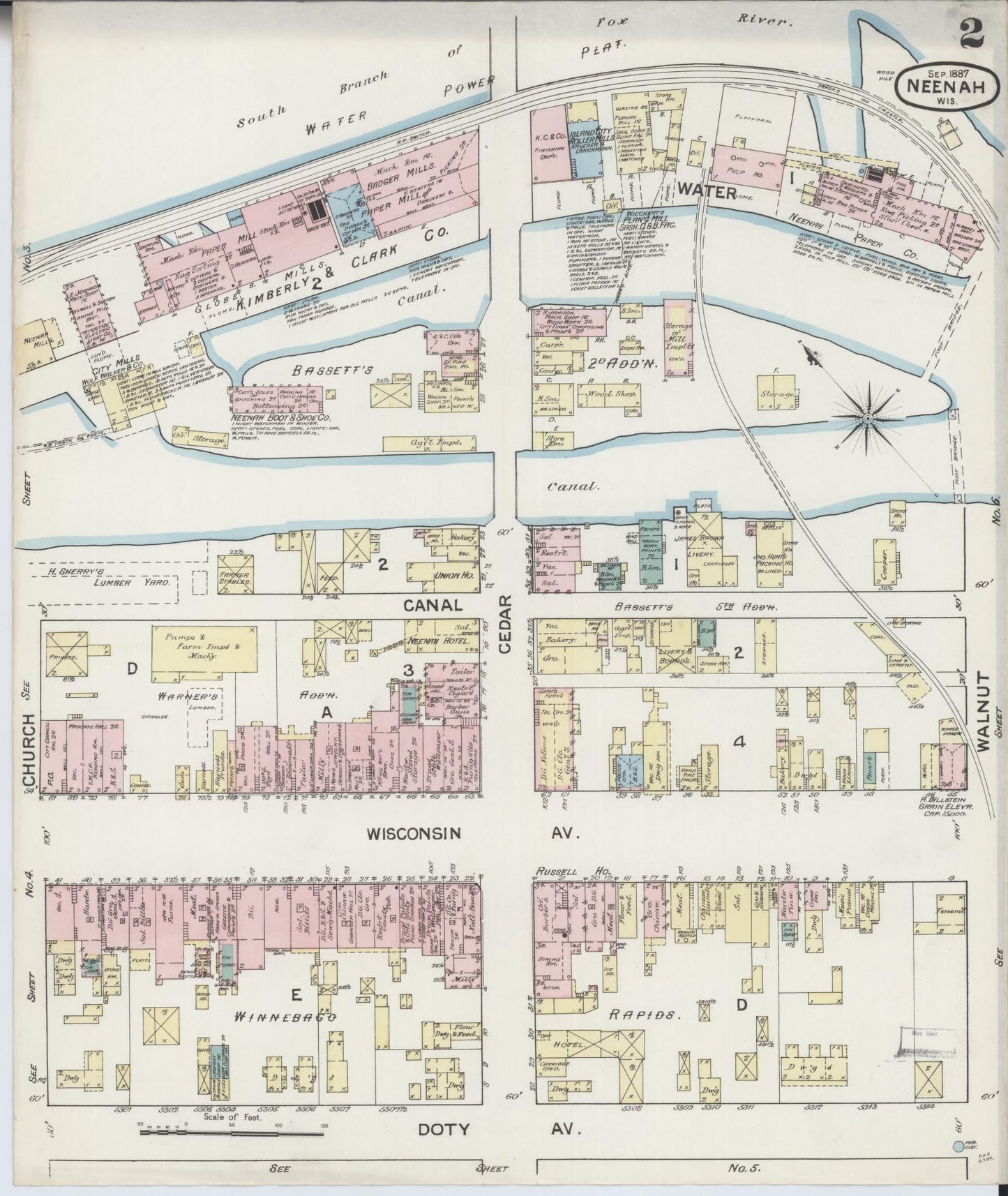 Sanborn Fire Insurance Map from Neenah, Winnebago County, Wisconsin (1887), Sheet #0002 - Historic Sanborn Fire Insurance Map Print, vintage old map wall art, antique decor, genealogy gift, Wisconsin Wisconsin map