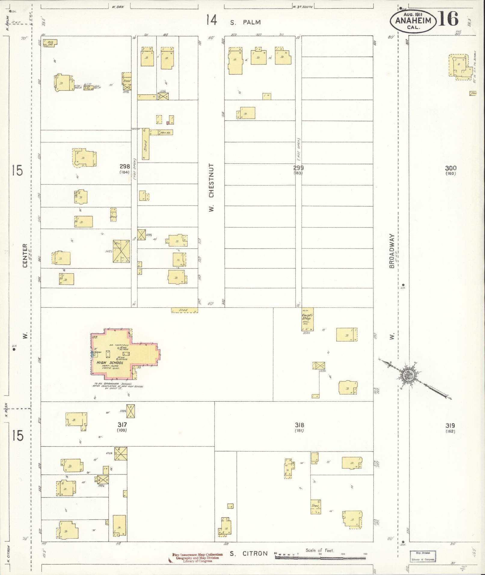 Sanborn Fire Insurance Map from Anaheim, Orange County, California (1911), Sheet #0016 - Historic Sanborn Fire Insurance Map Print, vintage old map wall art, antique decor, genealogy gift, California California map