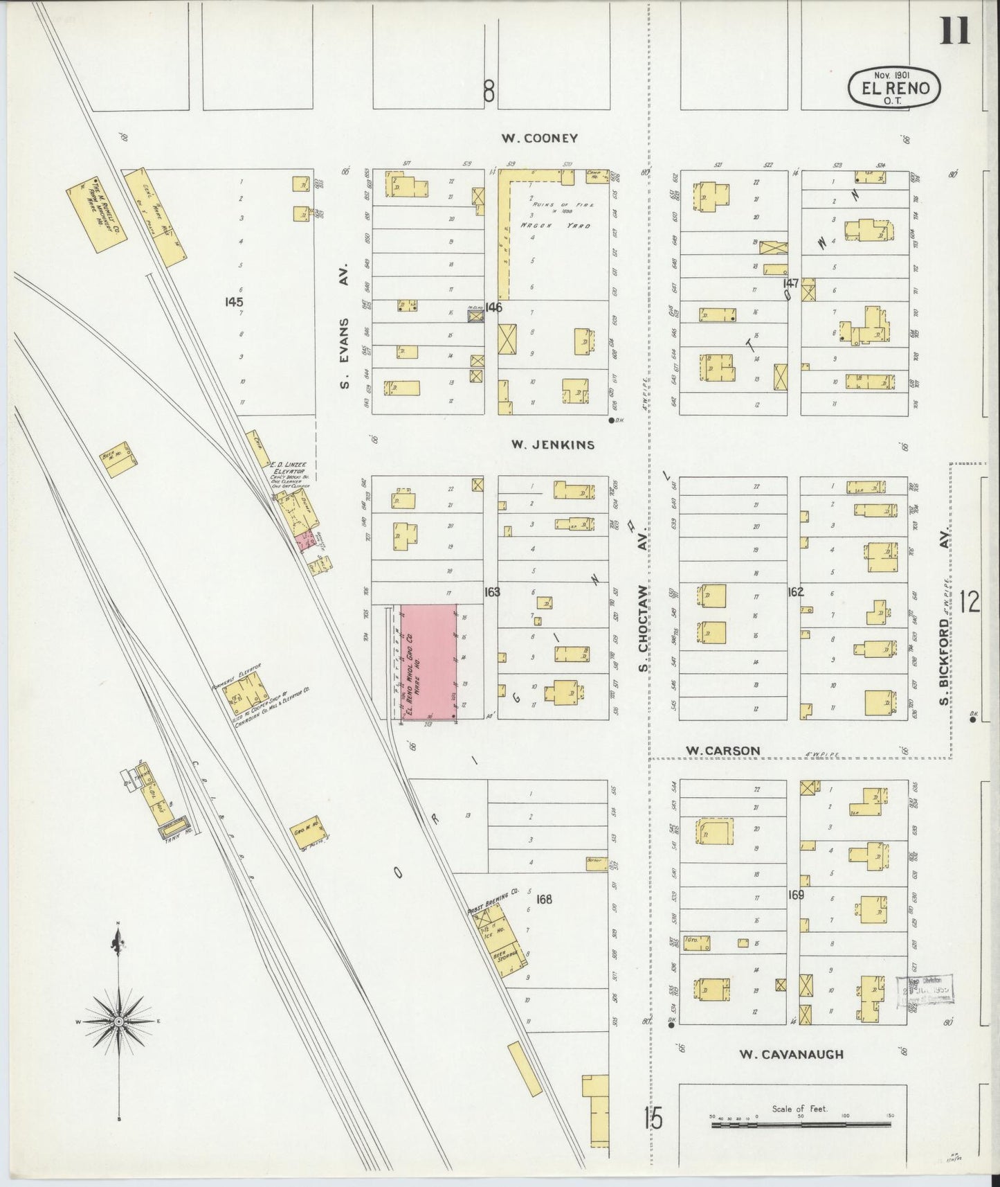 Sanborn Fire Insurance Map from El Reno, Canadian County, Oklahoma (1901), Sheet #0011 - Historic Sanborn Fire Insurance Map Print, vintage old map wall art, antique decor, genealogy gift, Oklahoma Oklahoma map