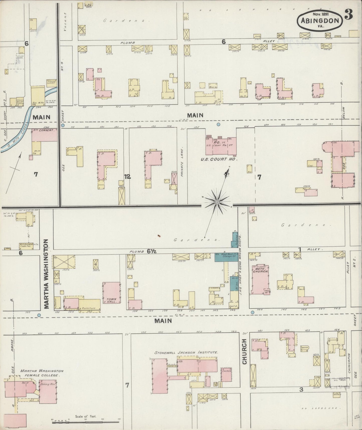 Sanborn Fire Insurance Map from Abingdon, Washington County, Virginia (1891), Sheet #0003 - Historic Sanborn Fire Insurance Map Print, vintage old map wall art, antique decor, genealogy gift, Virginia Virginia map