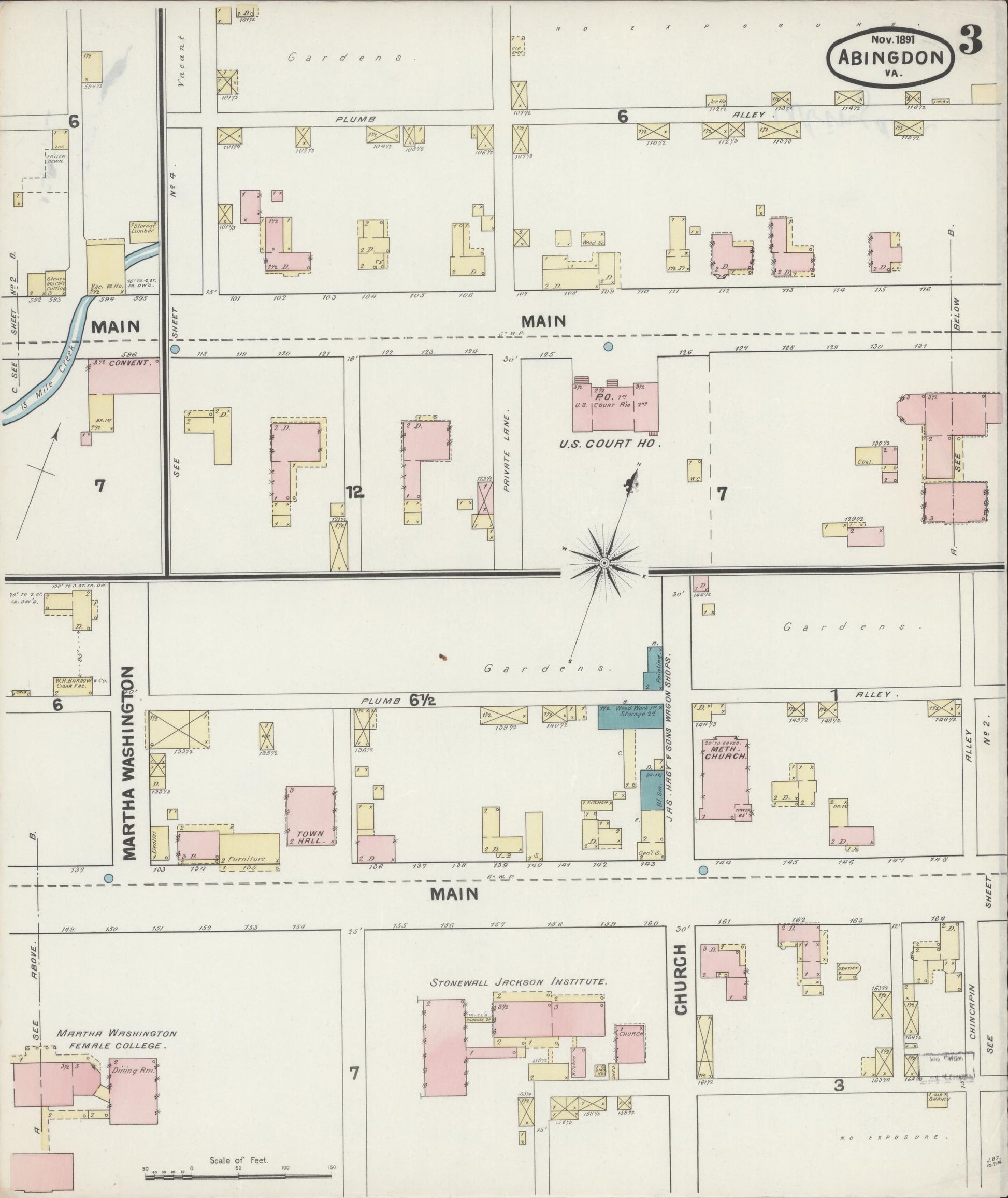 Sanborn Fire Insurance Map from Abingdon, Washington County, Virginia (1891), Sheet #0003 - Historic Sanborn Fire Insurance Map Print, vintage old map wall art, antique decor, genealogy gift, Virginia Virginia map