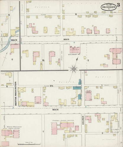 Sanborn Fire Insurance Map from Abingdon, Washington County, Virginia (1891), Sheet #0003 - Historic Sanborn Fire Insurance Map Print, vintage old map wall art, antique decor, genealogy gift, Virginia Virginia map