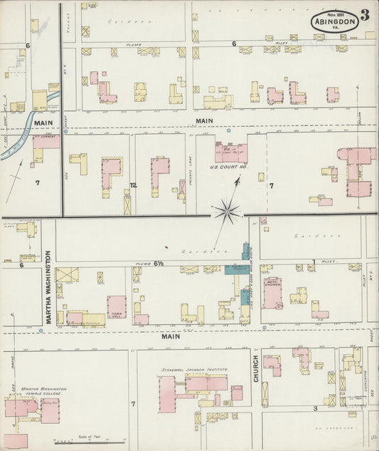 Sanborn Fire Insurance Map from Abingdon, Washington County, Virginia (1891), Sheet #0003 - Historic Sanborn Fire Insurance Map Print, vintage old map wall art, antique decor, genealogy gift, Virginia Virginia map