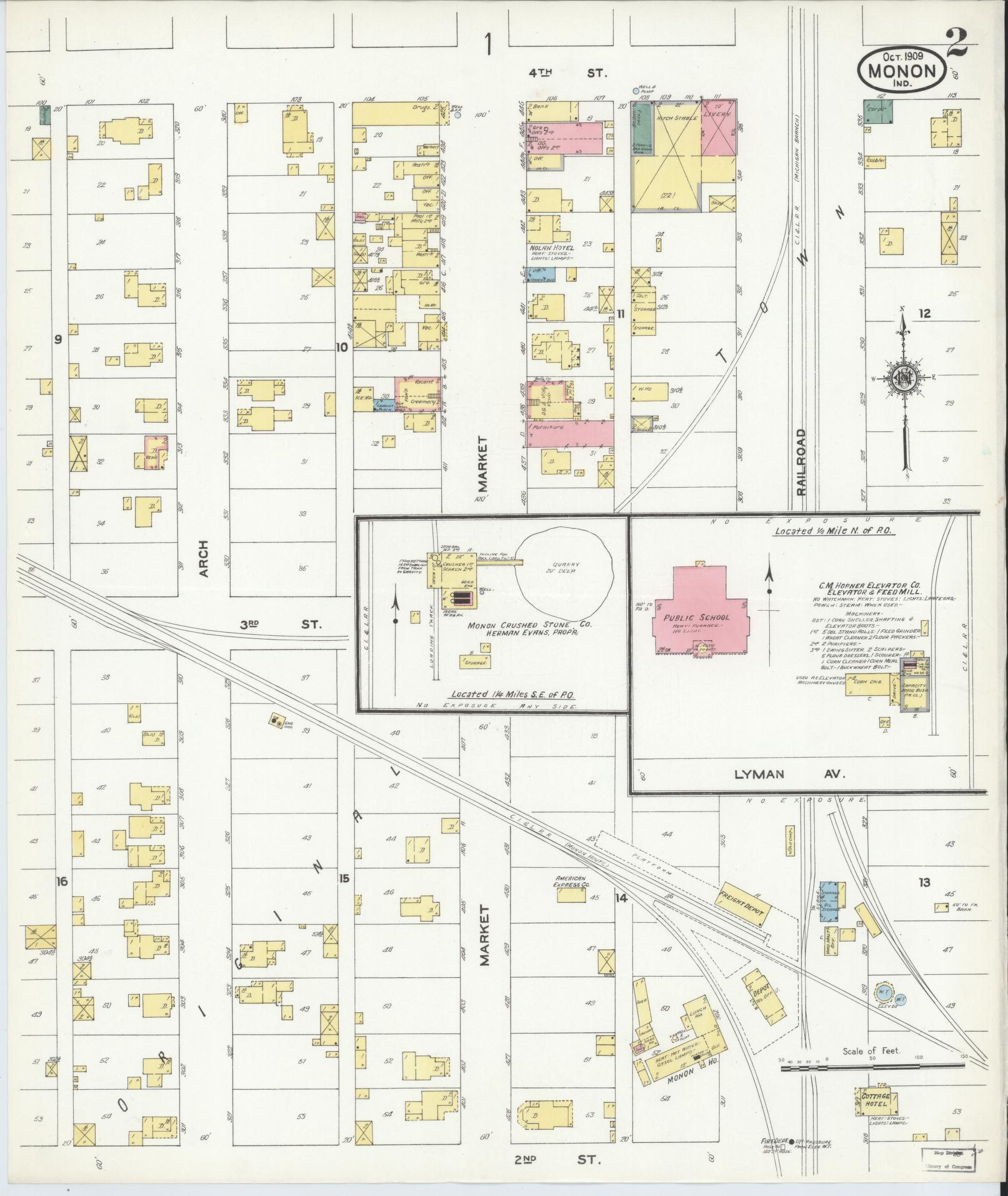 Sanborn Fire Insurance Map from Monon, White County, Indiana (1909), Sheet #0002 - Historic Sanborn Fire Insurance Map Print, vintage old map wall art, antique decor, genealogy gift, Indiana Indiana map