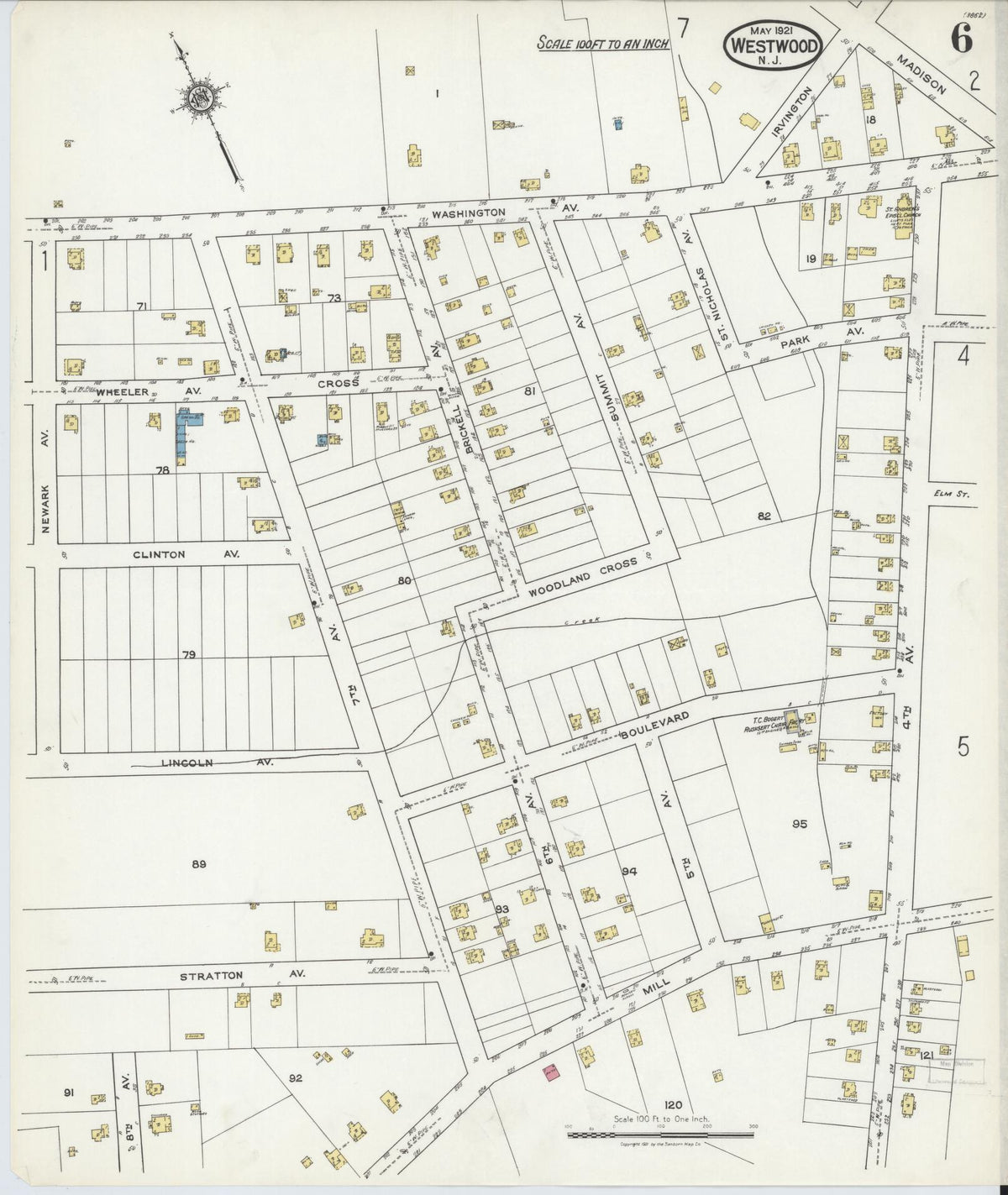 Sanborn Fire Insurance Map from Westwood, Bergen County, New Jersey (1921), Sheet #0006 - Historic Sanborn Fire Insurance Map Print, vintage old map wall art, antique decor, genealogy gift, New Jersey New Jersey map