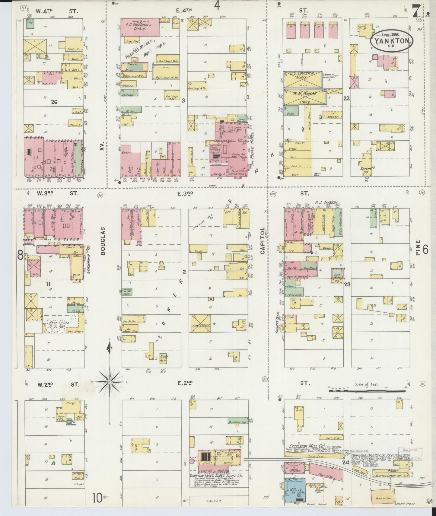 Sanborn Fire Insurance Map from Yankton, Yankton County, South Dakota (1898), Sheet #0007 - Complete Map Set gallery image, historic Sanborn map, vintage wall art, South Dakota South Dakota