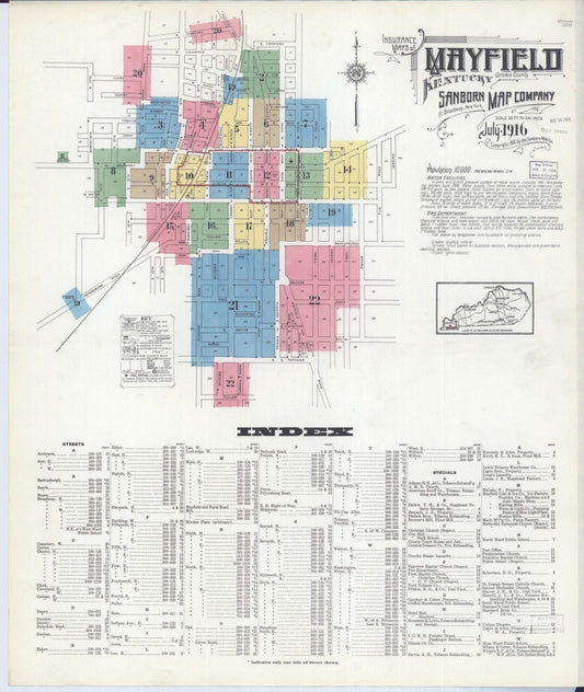 Sanborn Fire Insurance Map from Mayfield, Graves County, Kentucky (1916), Sheet #0001 - Historic Sanborn Fire Insurance Map Print, vintage old map wall art, antique decor, genealogy gift, Kentucky Kentucky map