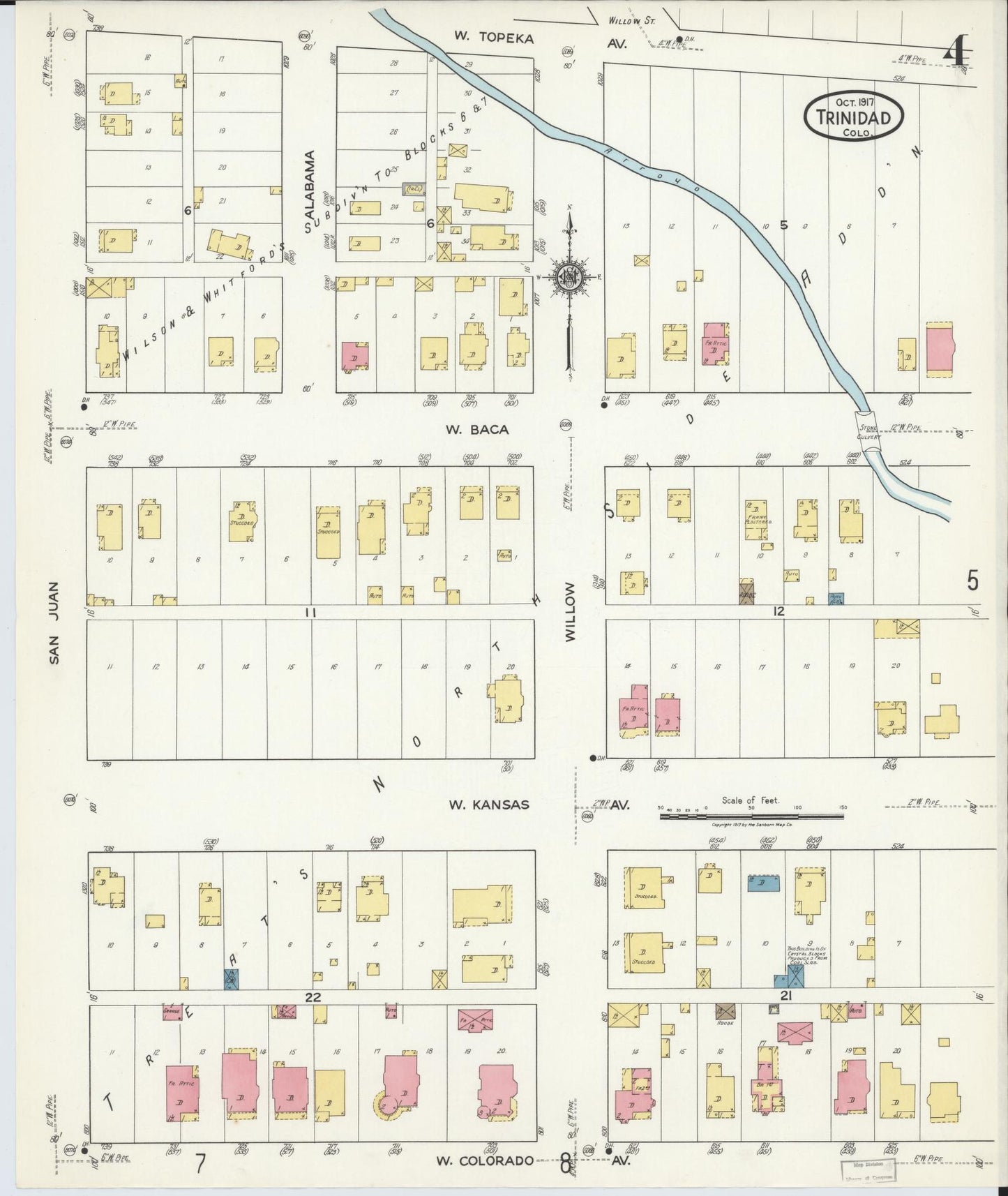 Sanborn Fire Insurance Map from Trinidad, Las Animas County, Colorado (1917), Sheet #0004 - Complete Map Set gallery image, historic Sanborn map, vintage wall art, Colorado Colorado