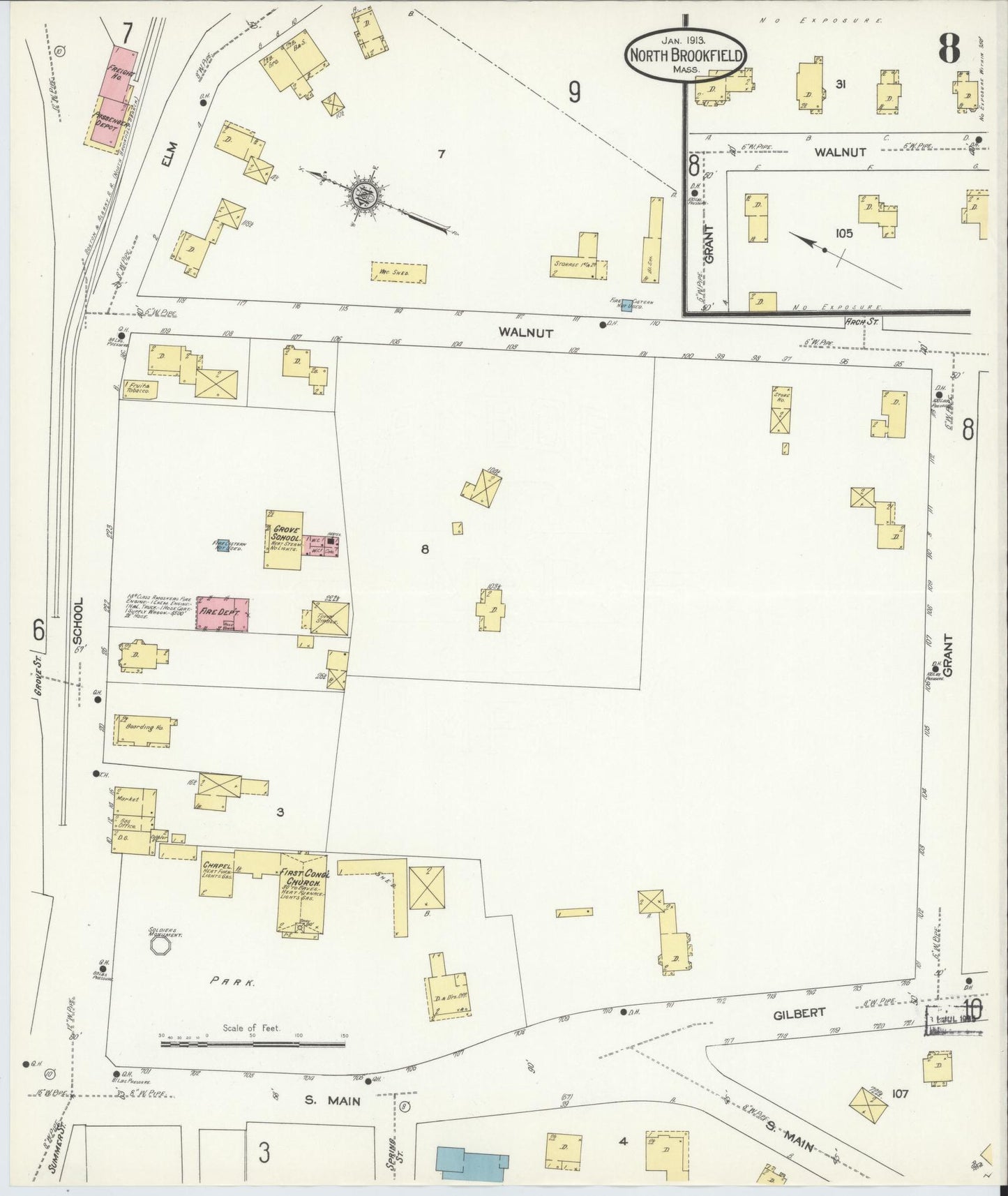 Sanborn Fire Insurance Map from North Brookfield, Worcester County, Massachusetts (1913), Sheet #0008 - Historic Sanborn Fire Insurance Map Print, vintage old map wall art, antique decor, genealogy gift, Massachusetts Massachusetts map