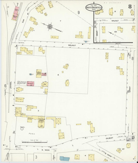 Sanborn Fire Insurance Map from North Brookfield, Worcester County, Massachusetts (1913), Sheet #0008 - Historic Sanborn Fire Insurance Map Print, vintage old map wall art, antique decor, genealogy gift, Massachusetts Massachusetts map