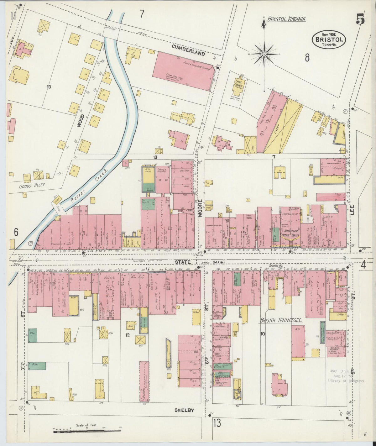 Sanborn Fire Insurance Map from Bristol, Sullivan County, Tennessee (1902), Sheet #0005 - Historic Sanborn Fire Insurance Map Print, vintage old map wall art, antique decor, genealogy gift, Tennessee Tennessee map