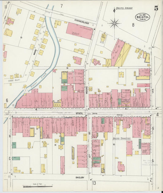 Sanborn Fire Insurance Map from Bristol, Sullivan County, Tennessee (1902), Sheet #0005 - Historic Sanborn Fire Insurance Map Print, vintage old map wall art, antique decor, genealogy gift, Tennessee Tennessee map