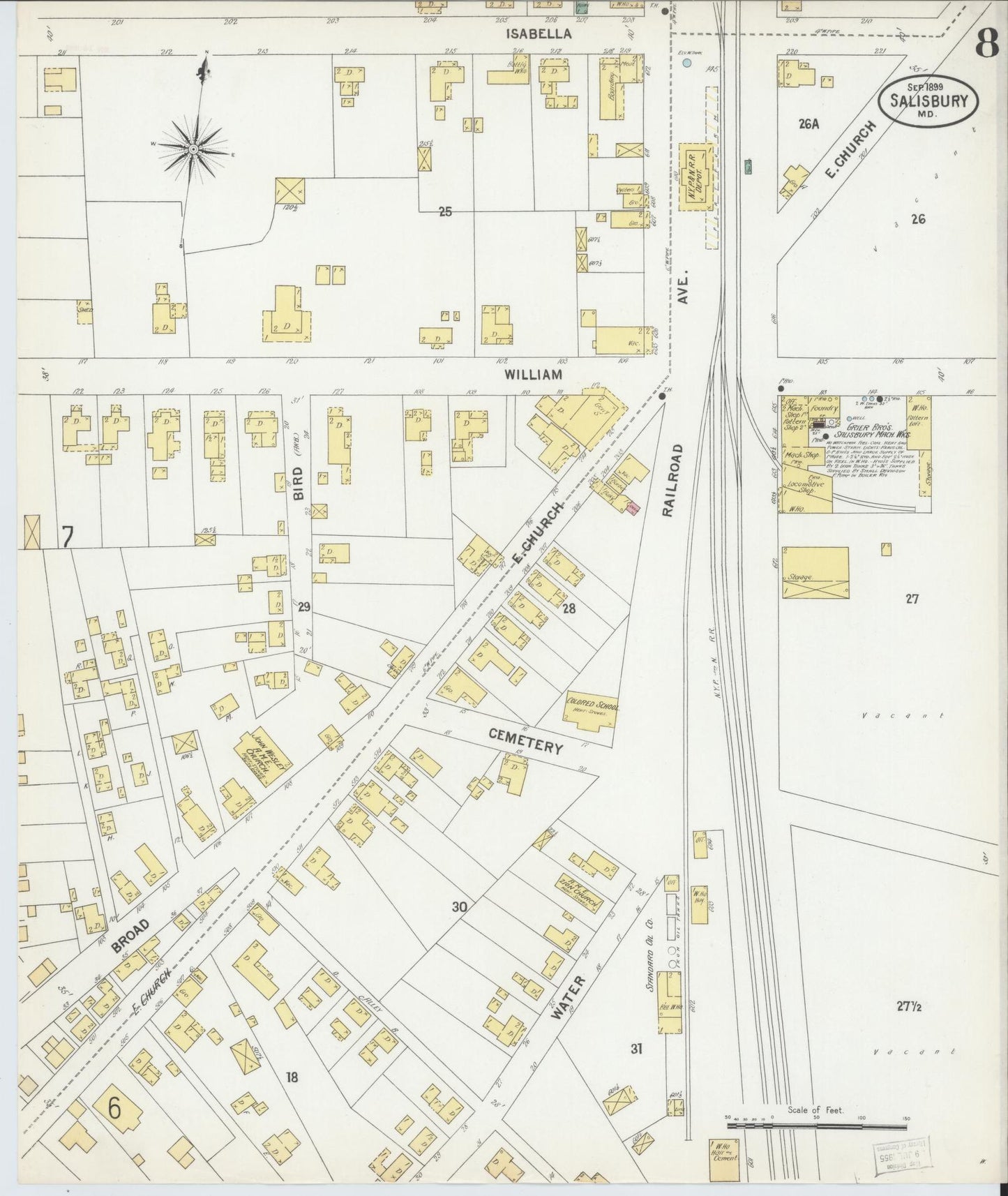 Sanborn Fire Insurance Map from Salisbury, Wicomico County, Maryland (1899), Sheet #0008 - Historic Sanborn Fire Insurance Map Print, vintage old map wall art, antique decor, genealogy gift, Maryland Maryland map